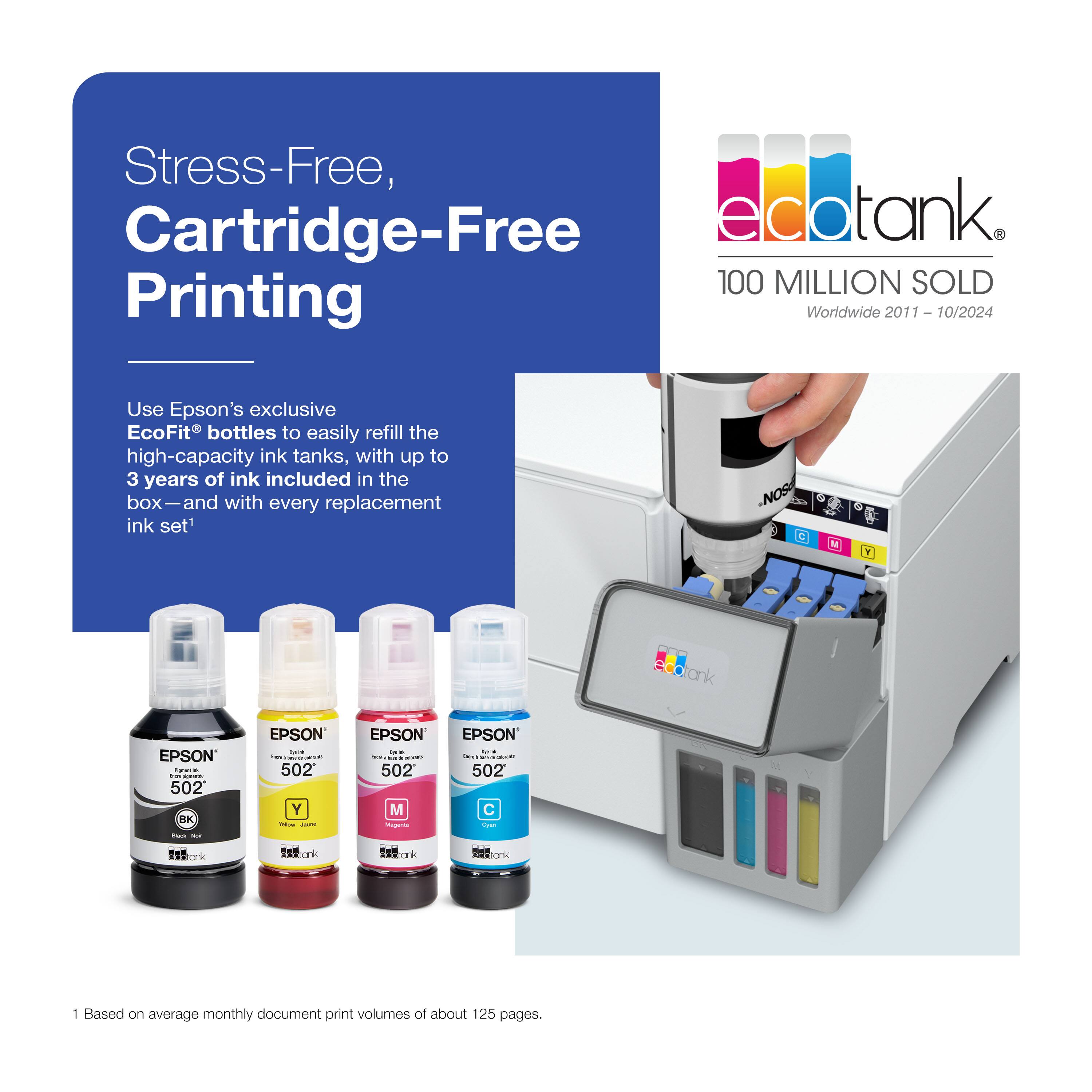 Stress-Free, Cartridge-Free Printing

Use Epson's exclusive EcoFit® bottles to easily refill the high-capacity ink tanks, with up to 3 years of ink included in the box—and with every replacement ink set.¹

100 MILLION SOLD Worldwide 2011 – 10/2024

¹ Based on average monthly document print volumes of about 125 pages.