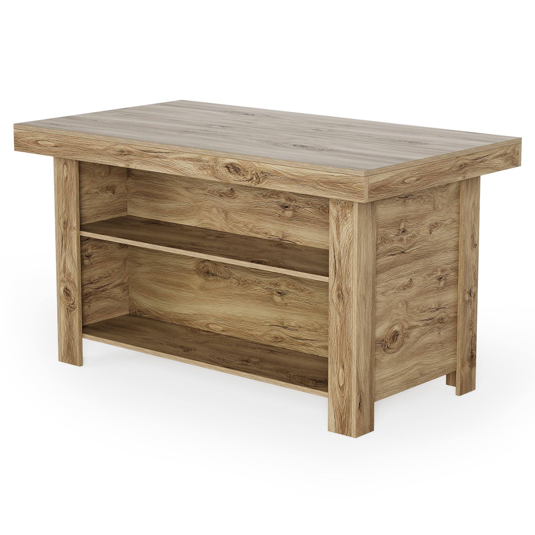 Alt View 5. Tribesigns - 55.1-Inch Farmhouse Kitchen Island with Thick Worktop and 2 Open Storage Shelves for Kitchen - Rustic Brown.