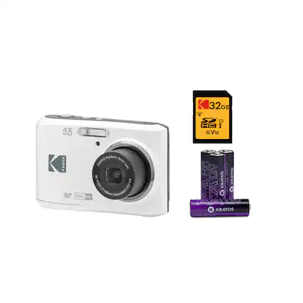 The image features a white Kodak camera with a purple lens, along with a memory card and batteries. The camera is designed for full HD video and has a 4x wide lens, making it suitable for capturing high-quality images and videos. The memory card is 32GB, providing ample storage space for photos and videos. The batteries are 1.5V, ensuring that the camera has the necessary power to operate. Overall, this setup is ideal for those who want to take high-quality photos and videos with their Kodak camera.