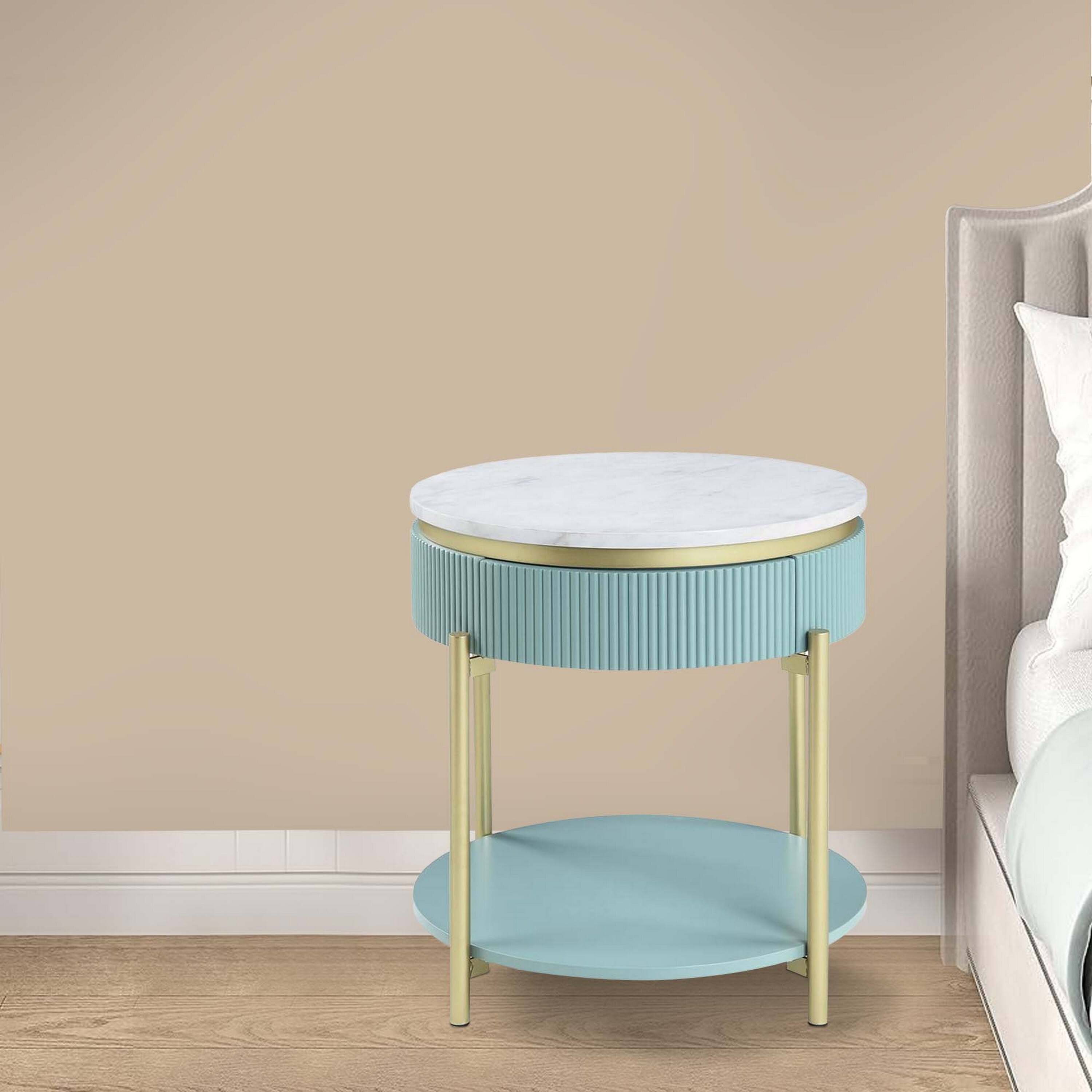 Alt View 5. Manhattan Lane - Ville 23 Inch Round Side End Table, White Faux Marble Top, Teal Reeded Edge - White, Teal, Gold.