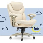 The image features a white Serta chair with a comfortable design. The chair is placed on a wheeled stand, allowing for easy movement and adjustment. The chair is accompanied by a cushion, providing additional comfort and support. The Serta brand is known for its high-quality, comfortable mattresses and furniture, ensuring that users have a pleasant and relaxing experience.