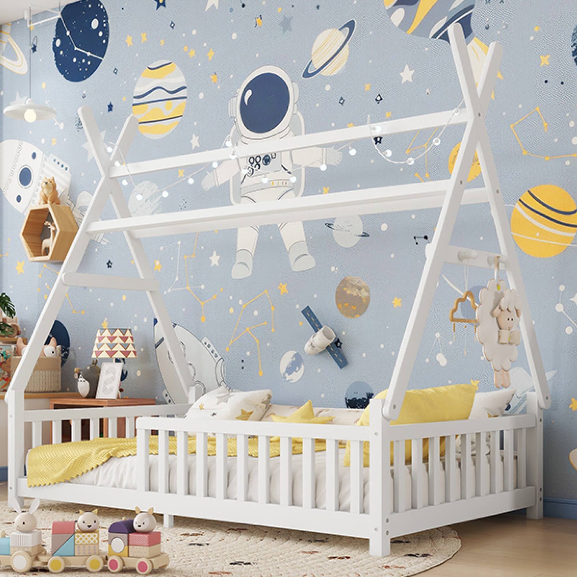 Alt View 4. GOODSILO - Charming Low Profile Twin House Bed with Removable Roof and Safety Fence for Children's Bedroom - White.