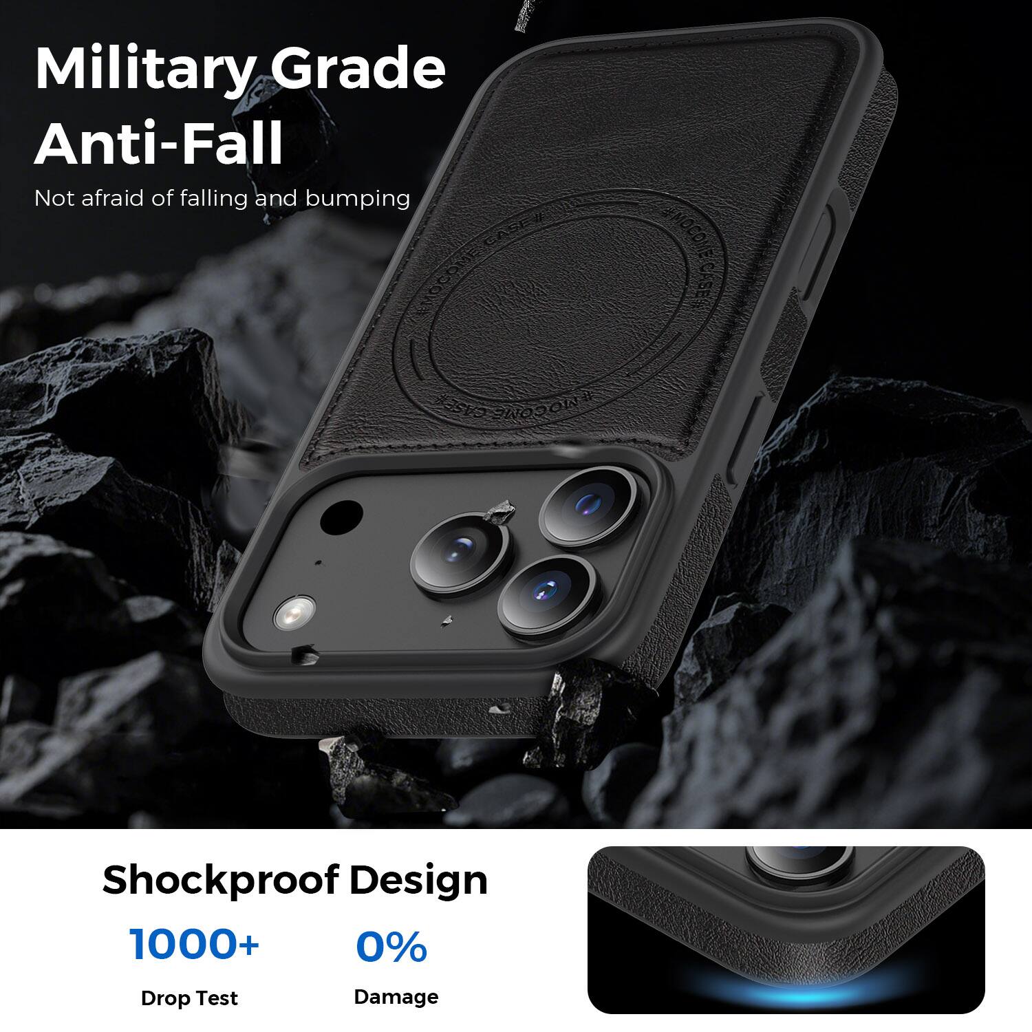 Military Grade Anti-Fall  
Not afraid of falling and bumping  

Shockproof Design  
1000+ Drop Test  
0% Damage
