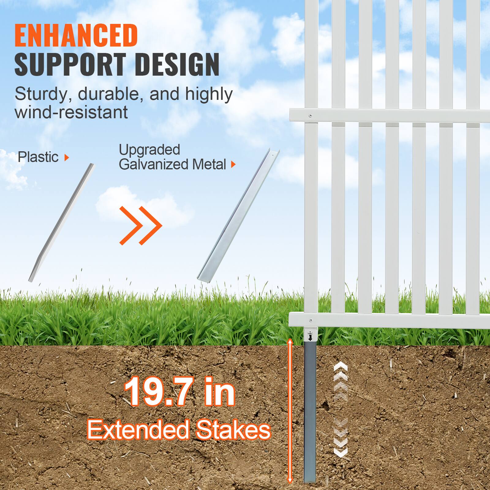 ENHANCED SUPPORT DESIGN Sturdy, durable, and highly wind-resistant Plastic Upgraded Galvanized Metal 19.7 in Extended Stakes
