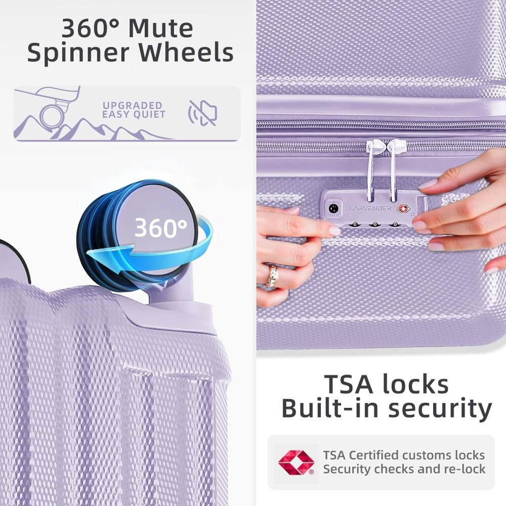 360° Mute Spinner Wheels  
UPGRADED EASY QUIET  

360°  

TSA locks  
Built-in security  
TSA Certified customs locks  
Security checks and re-lock