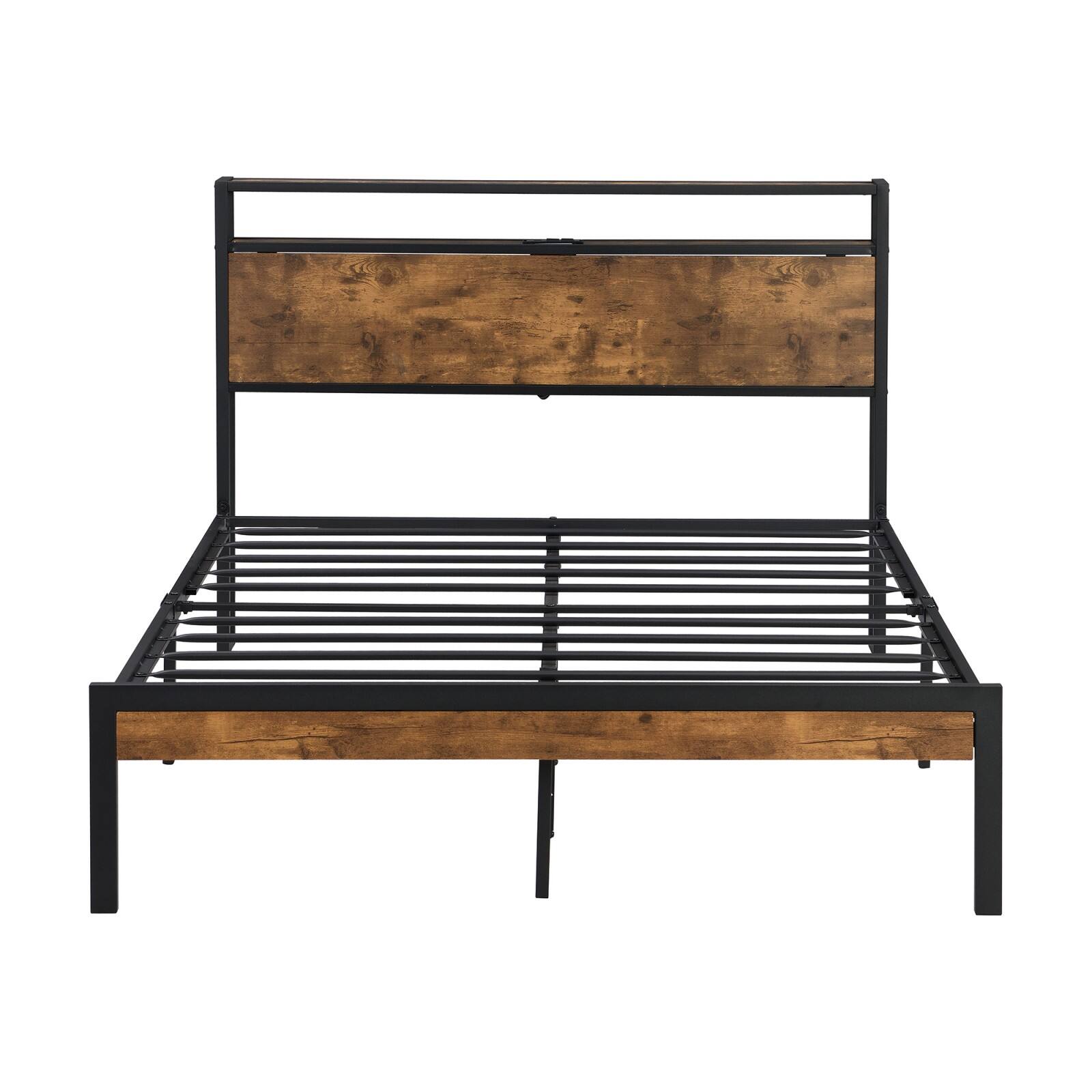 Alt View 5. Ecooso - Queen Size Metal Platform Bed Frame with Wood Headboard and Footboard, USB Port, Storage Space, No Box Spring Needed - Black.
