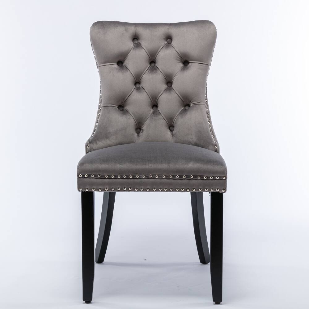 Angle. Loheer - Loheer Gray Velvet Dining Chairs Set of 2 Tufted Solid Wood Upholstered Mid-Century Modern Seating with Nailhead Trim - Gray.