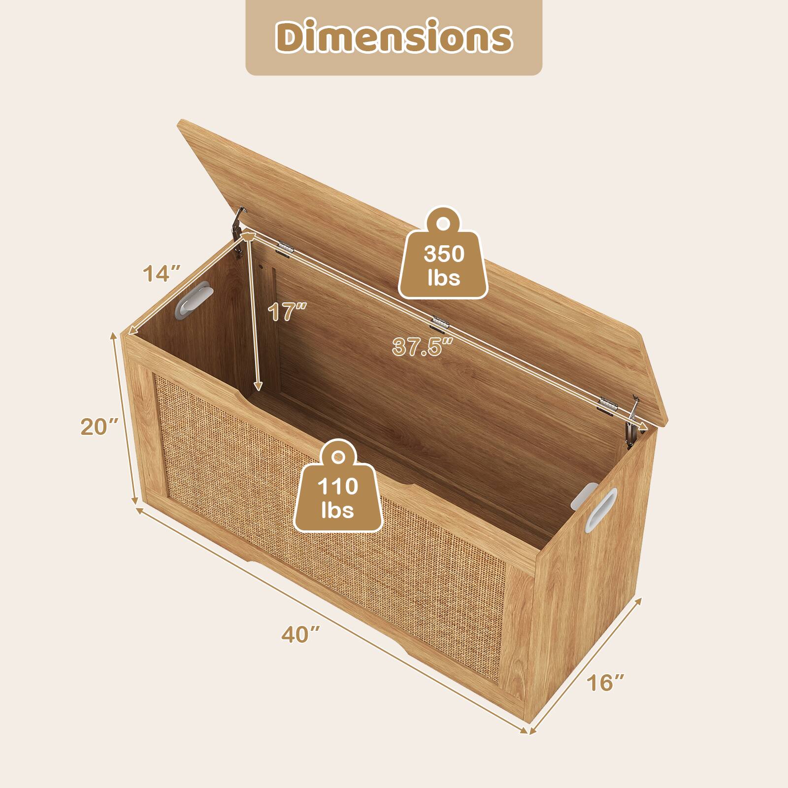 Dimensions: 14" x 17" x 350 lbs, 37.5" x 20" x 110 lbs, 40" x 16"