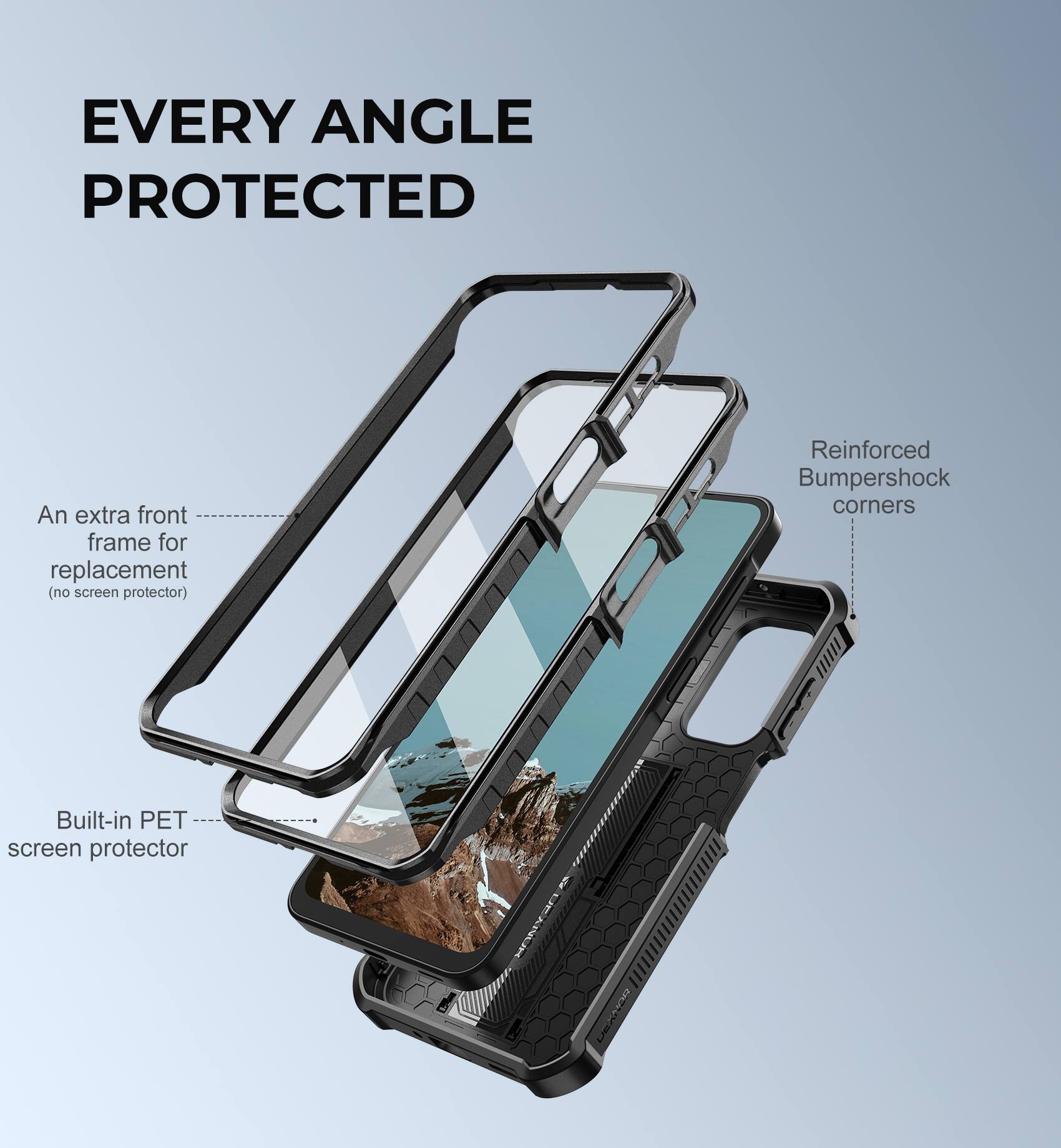 EVERY ANGLE PROTECTED

- An extra front frame for replacement (no screen protector)
- Reinforced Bumpershock corners
- Built-in PET screen protector