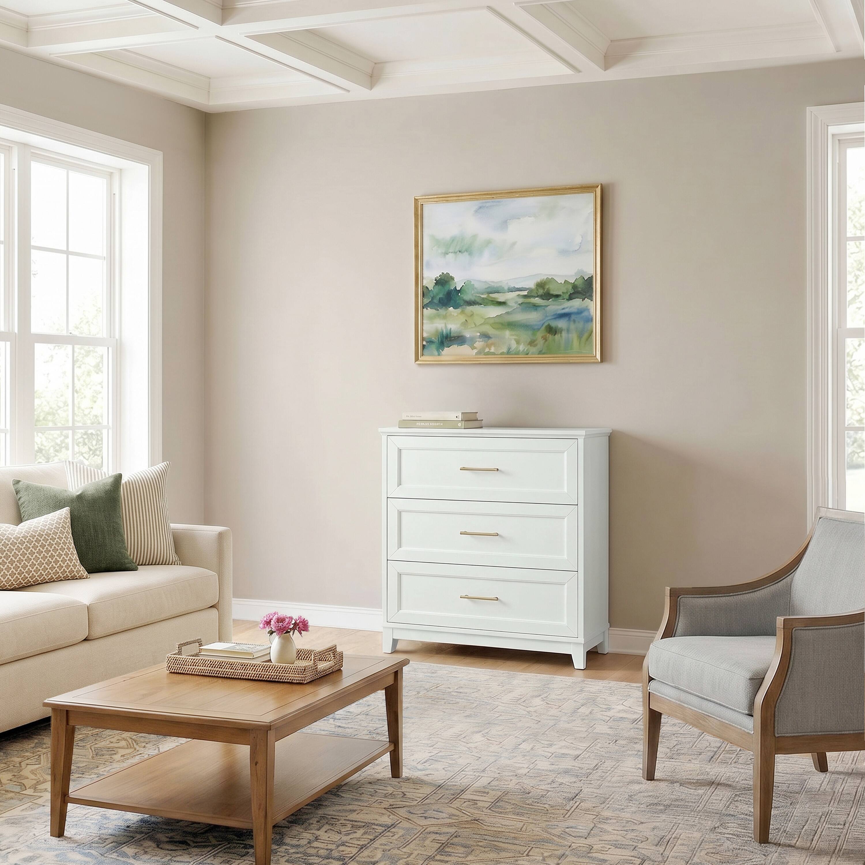Alt View 5. Martha Stewart - Bedford Modular 3-Drawer Wooden Storage Media Cabinet with Hardware, Solid Wood Frame and Legs - White Frame/Gold Hardware.