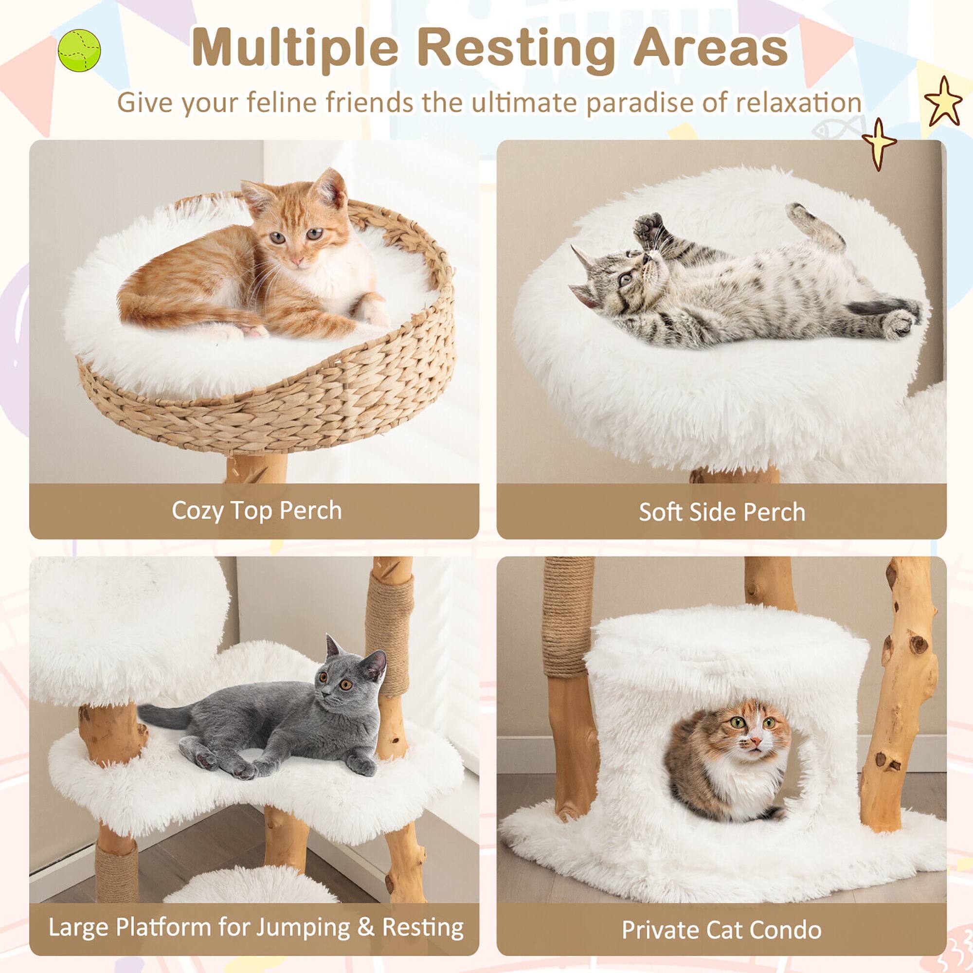Multiple Resting Areas  
Give your feline friends the ultimate paradise of relaxation  

Cozy Top Perch  
Soft Side Perch  
Large Platform for Jumping & Resting  
Private Cat Condo
