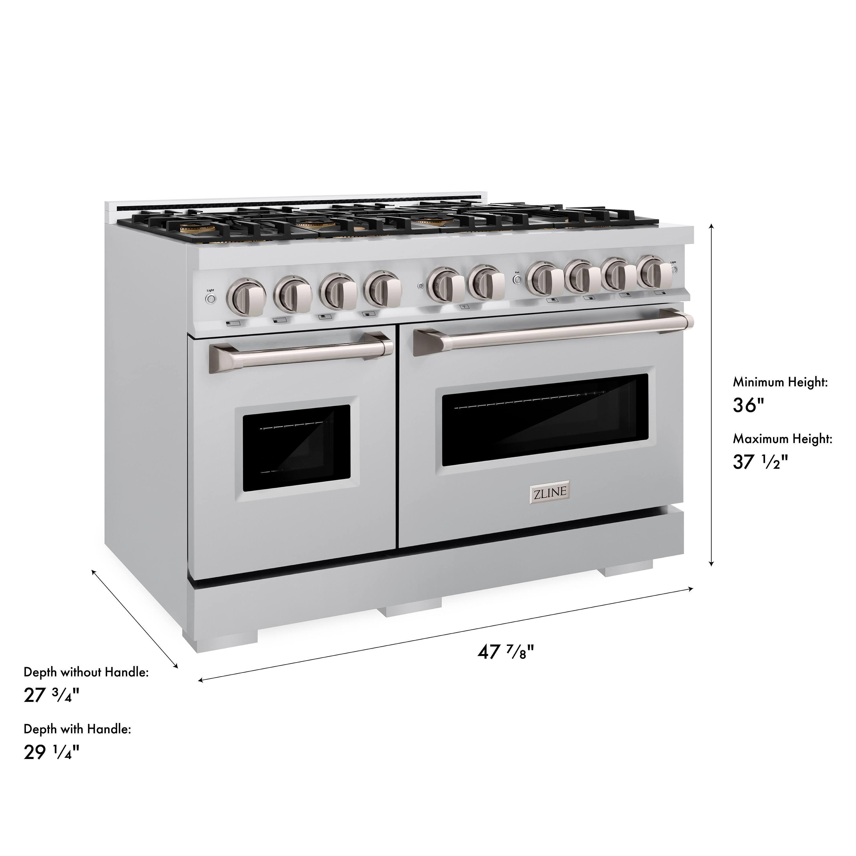 OOCO CG 0000

Minimum Height: 36"
Maximum Height: 37 1/2"

ZLINE Depth without Handle: 27 3/4"
Depth with Handle: 29 1/4"

47 7/8"