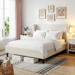 KERDOM - Platform Bed Frame With Chenille High Headboard & Strong Legs, Tall Wingback, Noise-Free, 800lbs Capacity, Widen Side - White