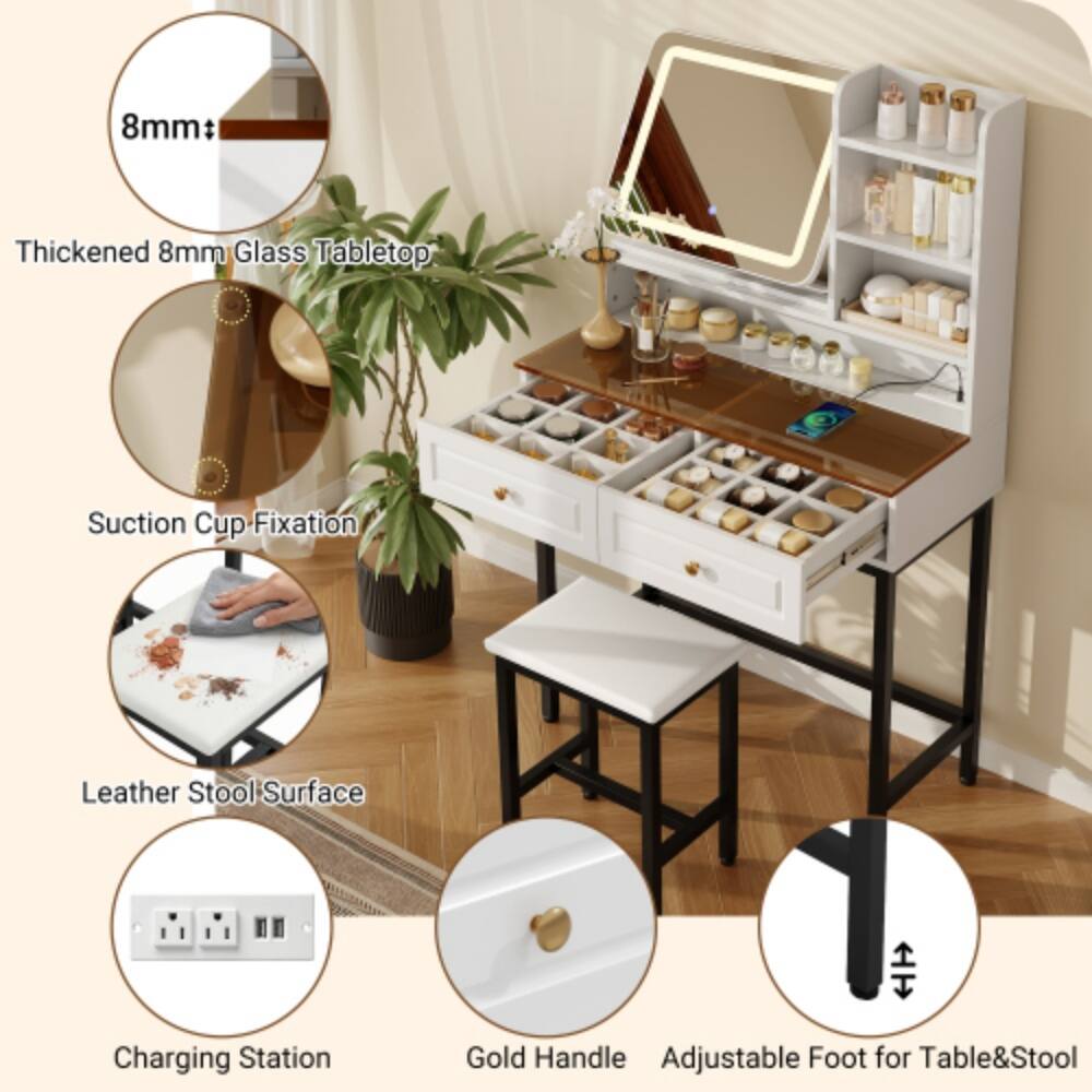 8mm: Thickened 8mm Glass Tabletop Suction Cup Fixation Leather Stool Surface Charging Station Gold Handle Adjustable Foot for Table & Stool