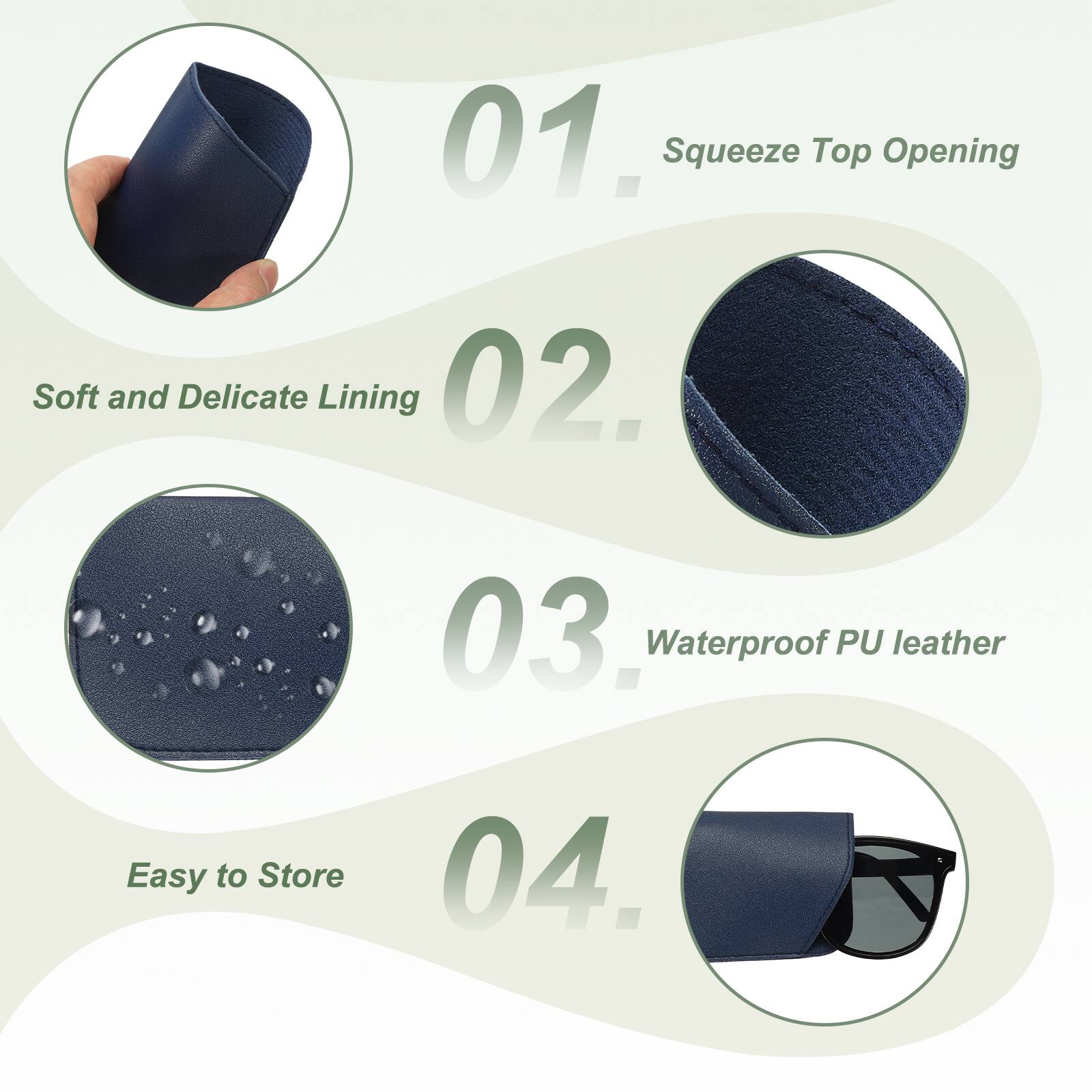 01. Squeeze Top Opening  
02. Soft and Delicate Lining  
03. Waterproof PU leather  
04. Easy to Store