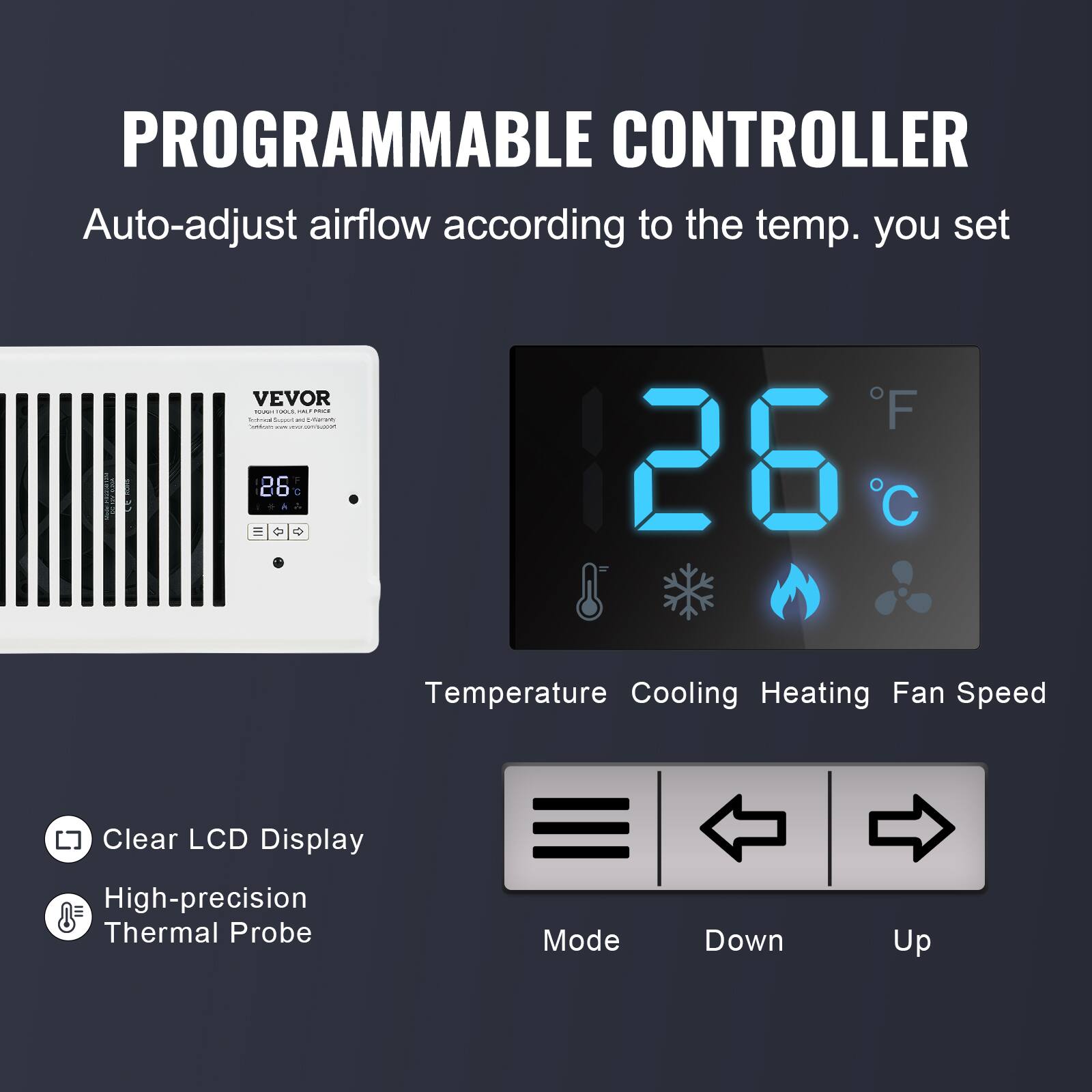 PROGRAMMABLE CONTROLLER  
Auto-adjust airflow according to the temp. you set  

VEVOR  

Temperature Cooling Heating Fan Speed  
Clear LCD Display  
High-precision Thermal Probe  
Mode Down Up