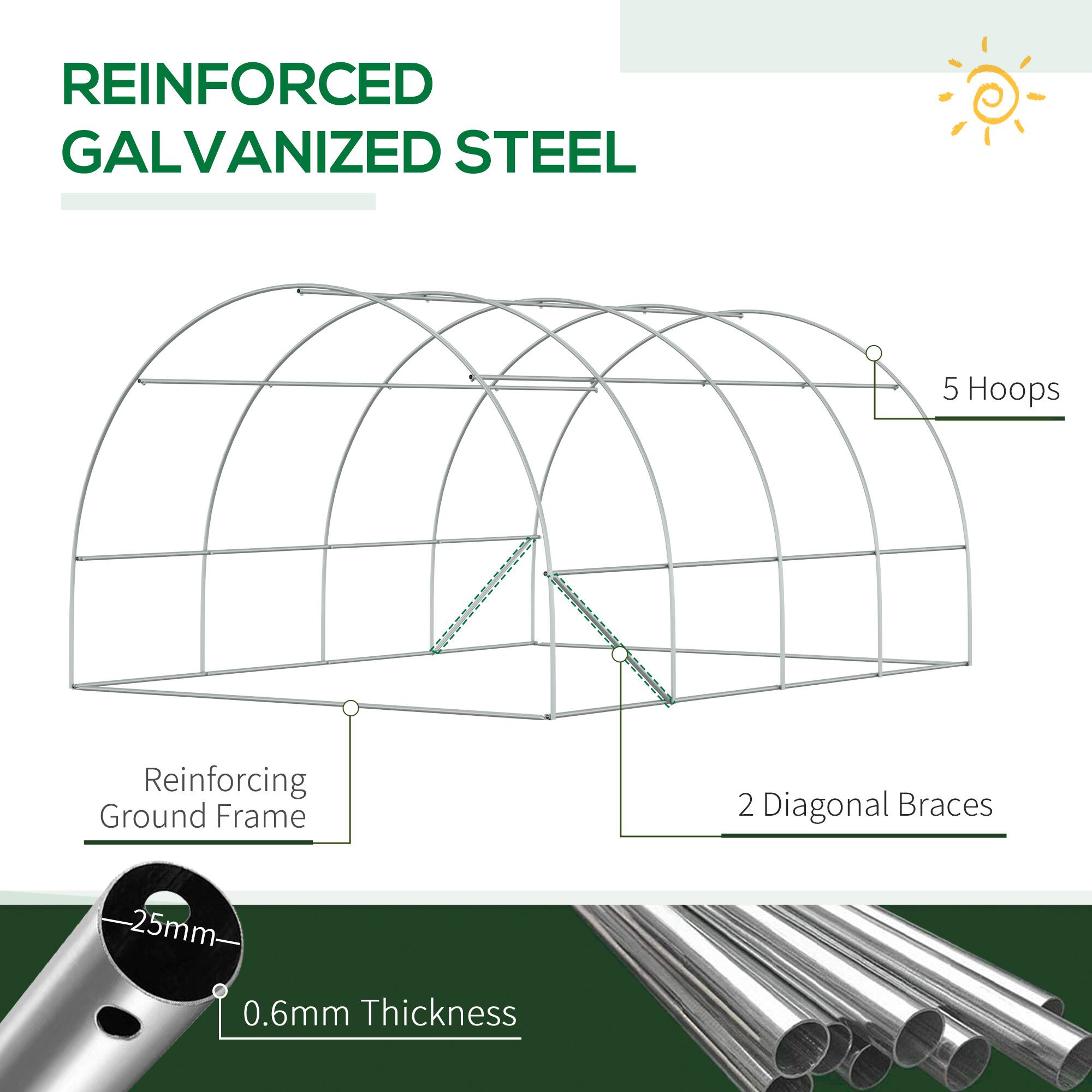 REINFORCED GALVANIZED STEEL

- 5 Hoops
- 2 Diagonal Braces
- Reinforcing Ground Frame
- 25mm
- 0.6mm Thickness