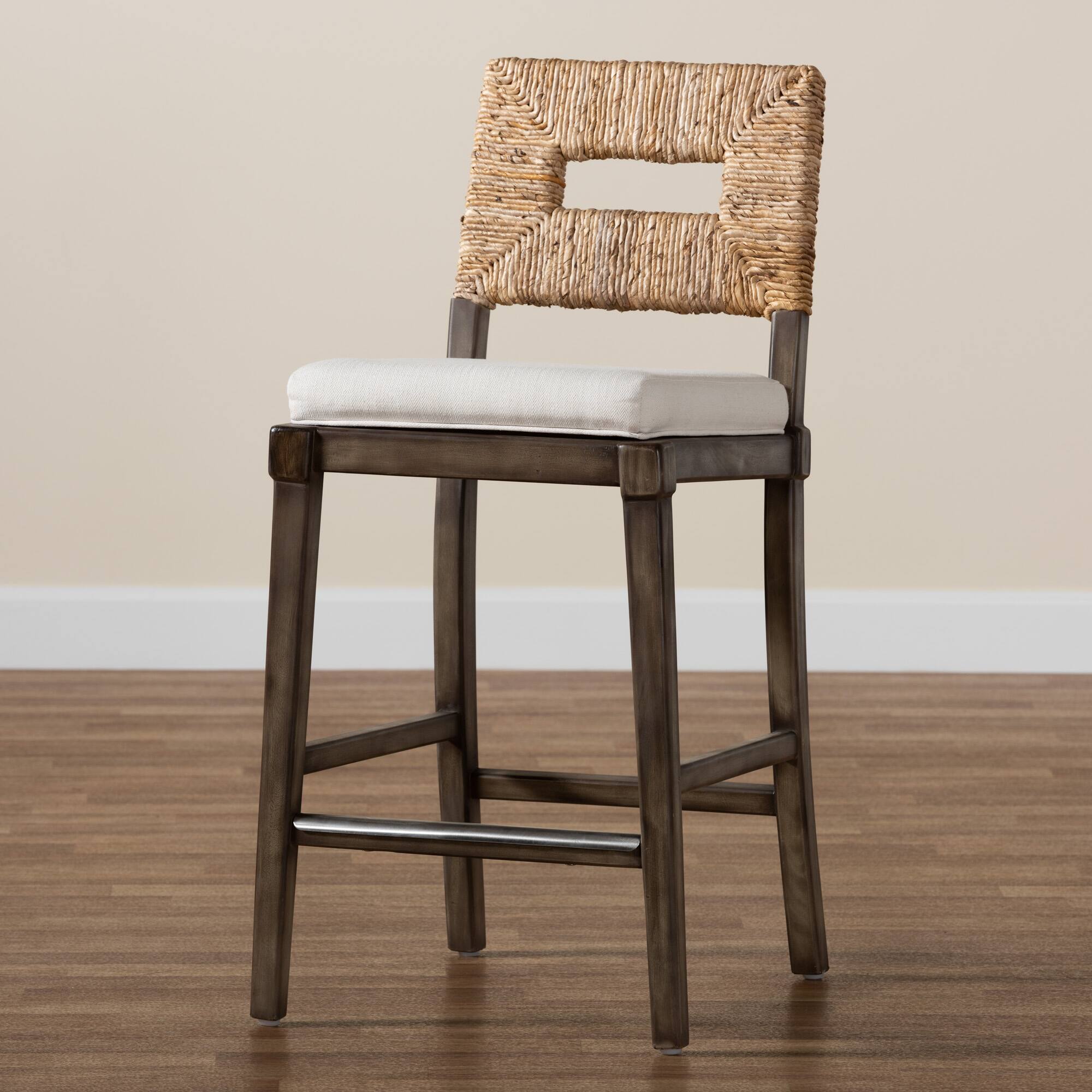 Alt View 5. bali & pari - Porsha Modern Bohemian Finished Mahogany Wood and Natural Rattan Counter Stool - Dark Brown/Natural Brown/White.