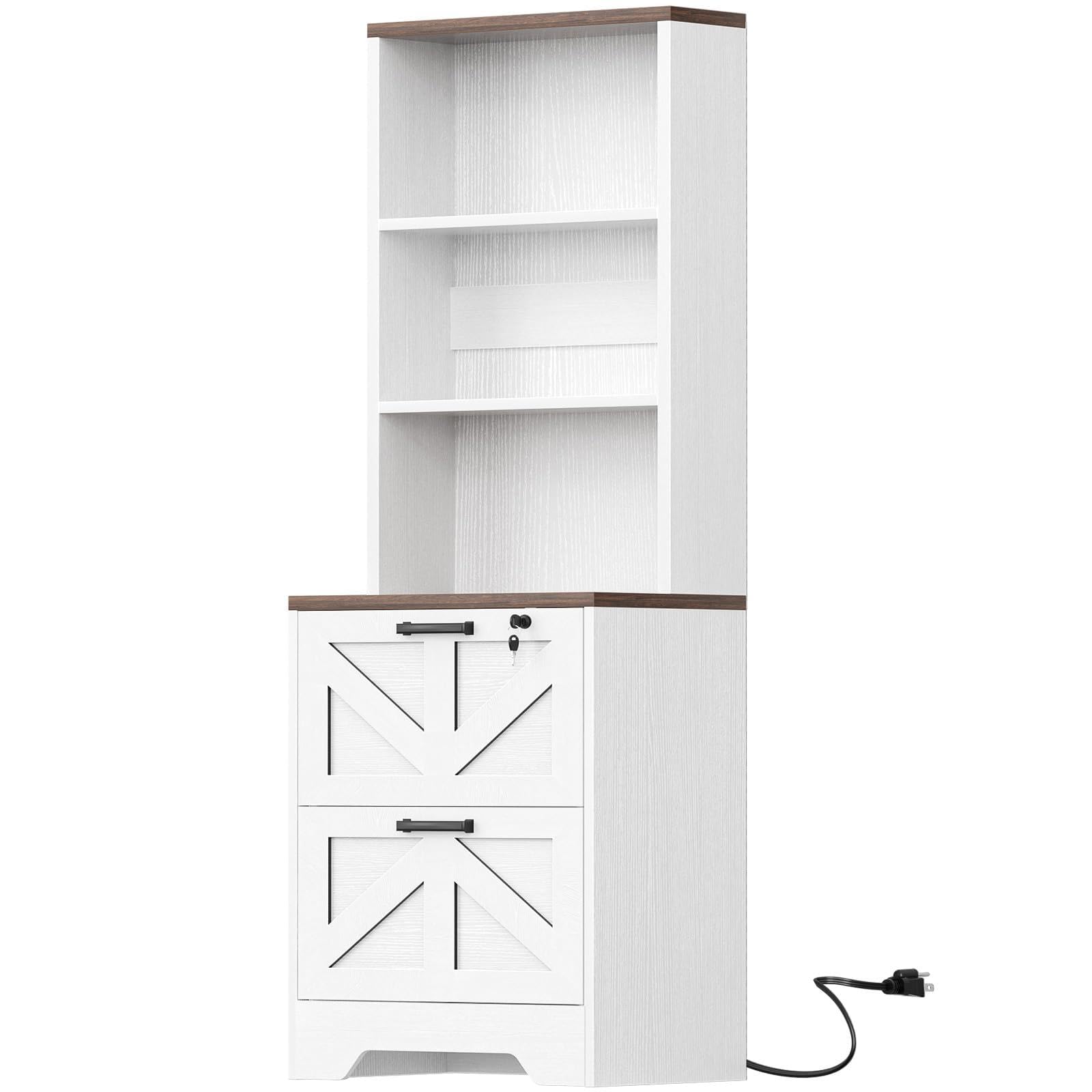 Left. Aheaplus - 2-Drawer Tall Vertical File Cabinet with Open Shelves and Built-In Lock - Farmhouse Style Storage for Home Office - White.