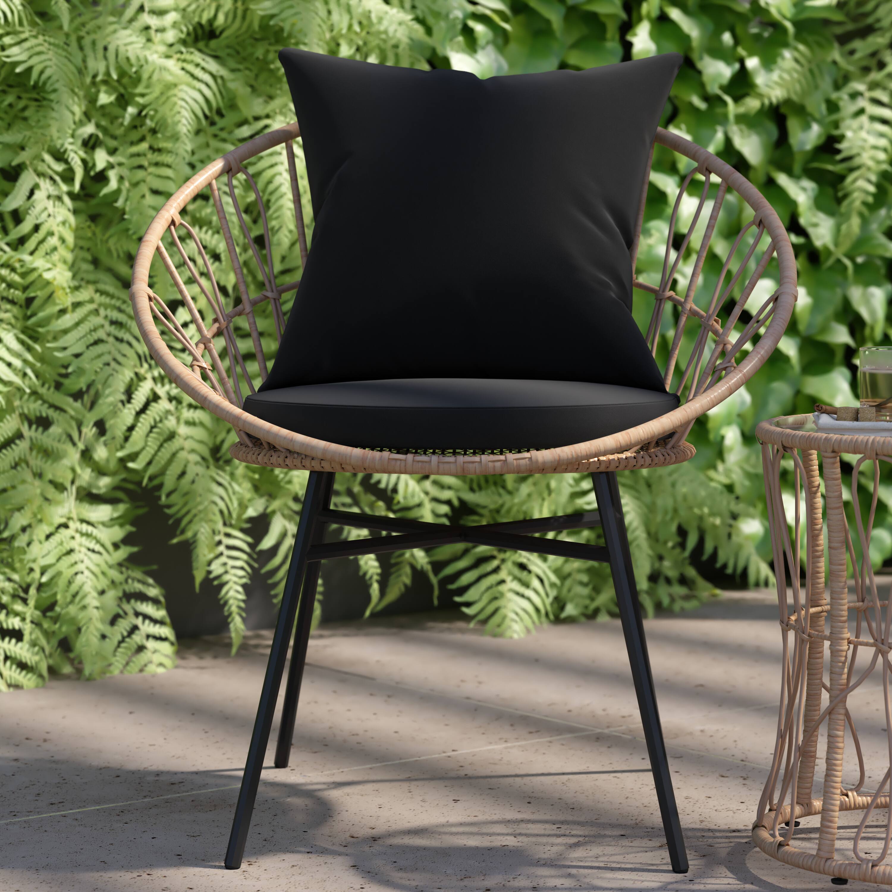 Alt View 4. Emma + Oliver - Ari 3 Piece Boho Patio Set - Faux Rattan Rope Papasan Style Chairs with Cushions and Glass Topped Side Table - Black Cushions/Tan Frame.