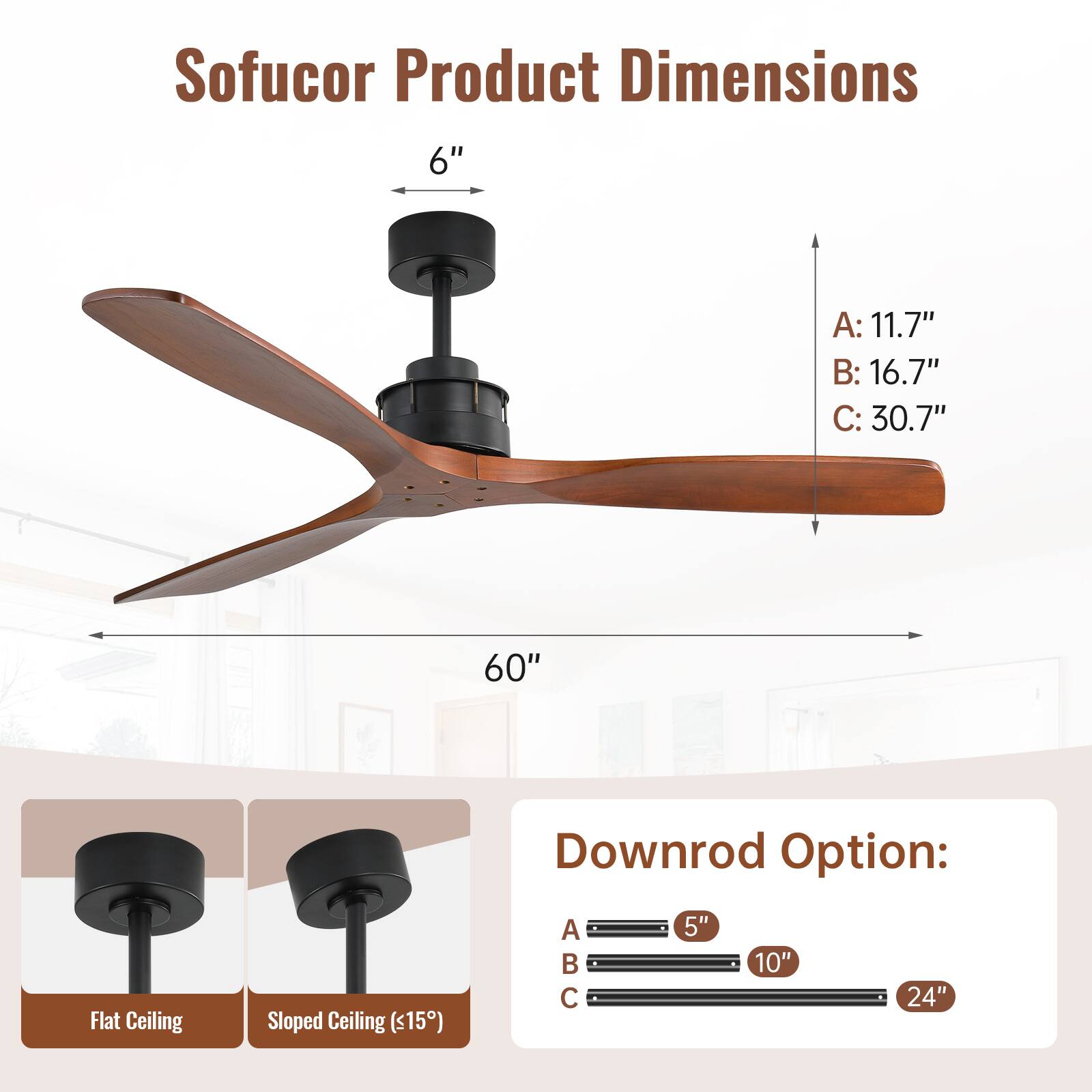 Sofucor Product Dimensions  
6"  
A: 11.7"  
B: 16.7"  
C: 30.7"  
60"  

Flat Ceiling  
Sloped Ceiling (<15°)  

Downrod Option:  
A: 5"  
B: 10"  
C: 24"
