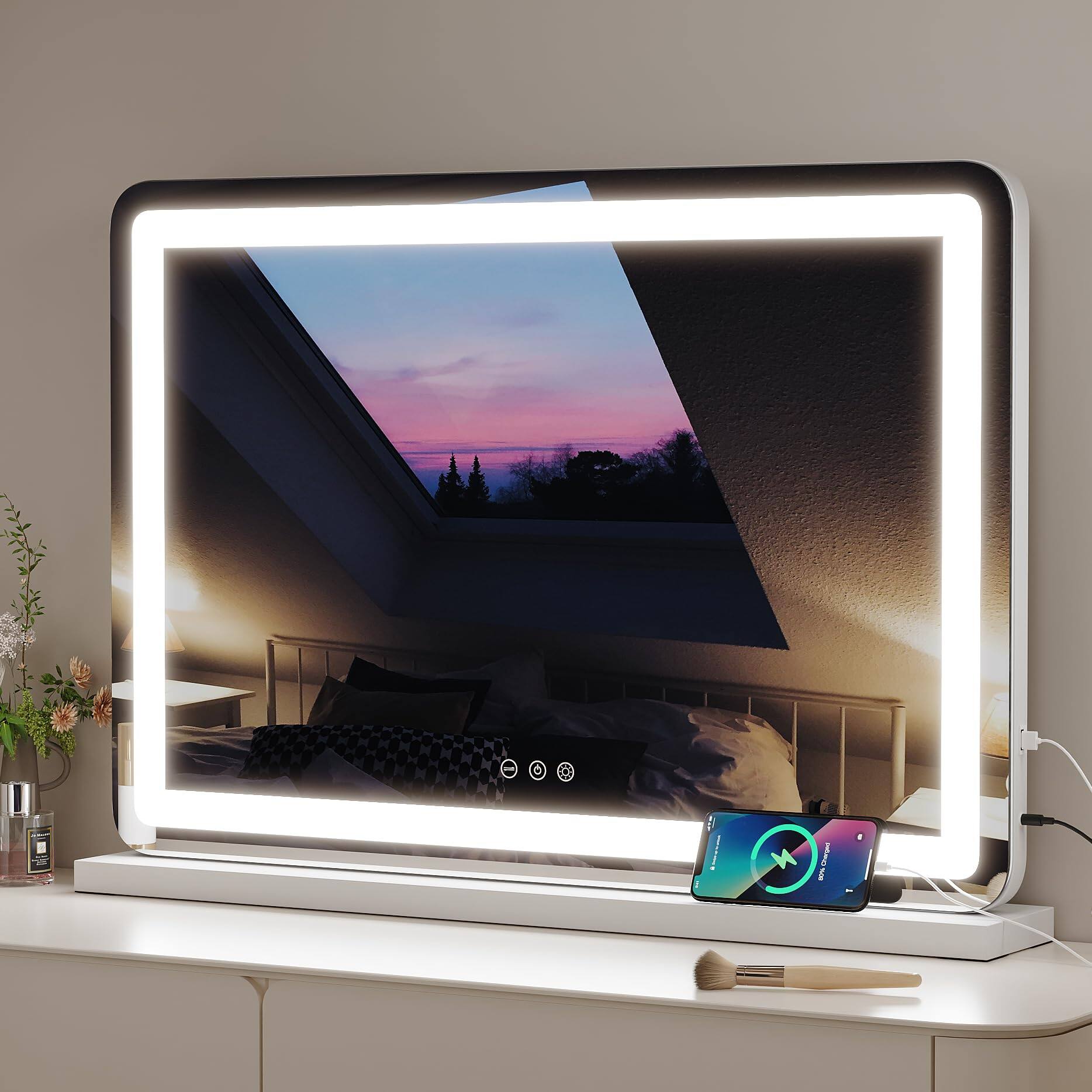 Alt View 4. Reds Spade - Vanity Mirror With Lights 32 X 23 Led Makeup Dimmable 3 color Lighting 5x Magnification Touch Screen Contro - White-arch 9 Bulbs.