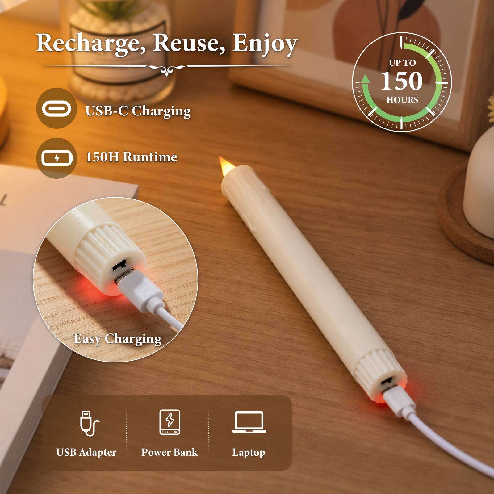 Recharge, Reuse, Enjoy - USB-C Charging

UP TO 150 HOURS

150H Runtime

Easy Charging

USB Adapter

Power Bank

Laptop