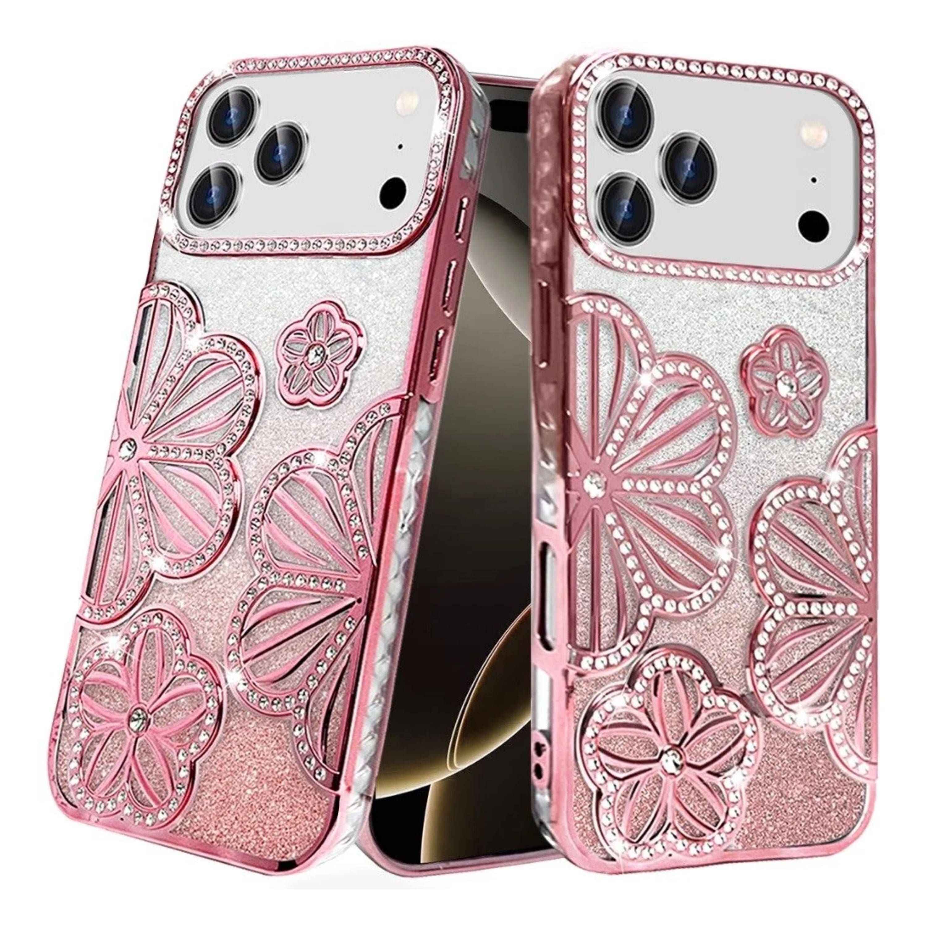 Kitcheniva - Floral 3D Glitter Phone Cover With Tempered Glass For iPhone 17 Pro Max - Rose Gold price history on PriceWatchPro
