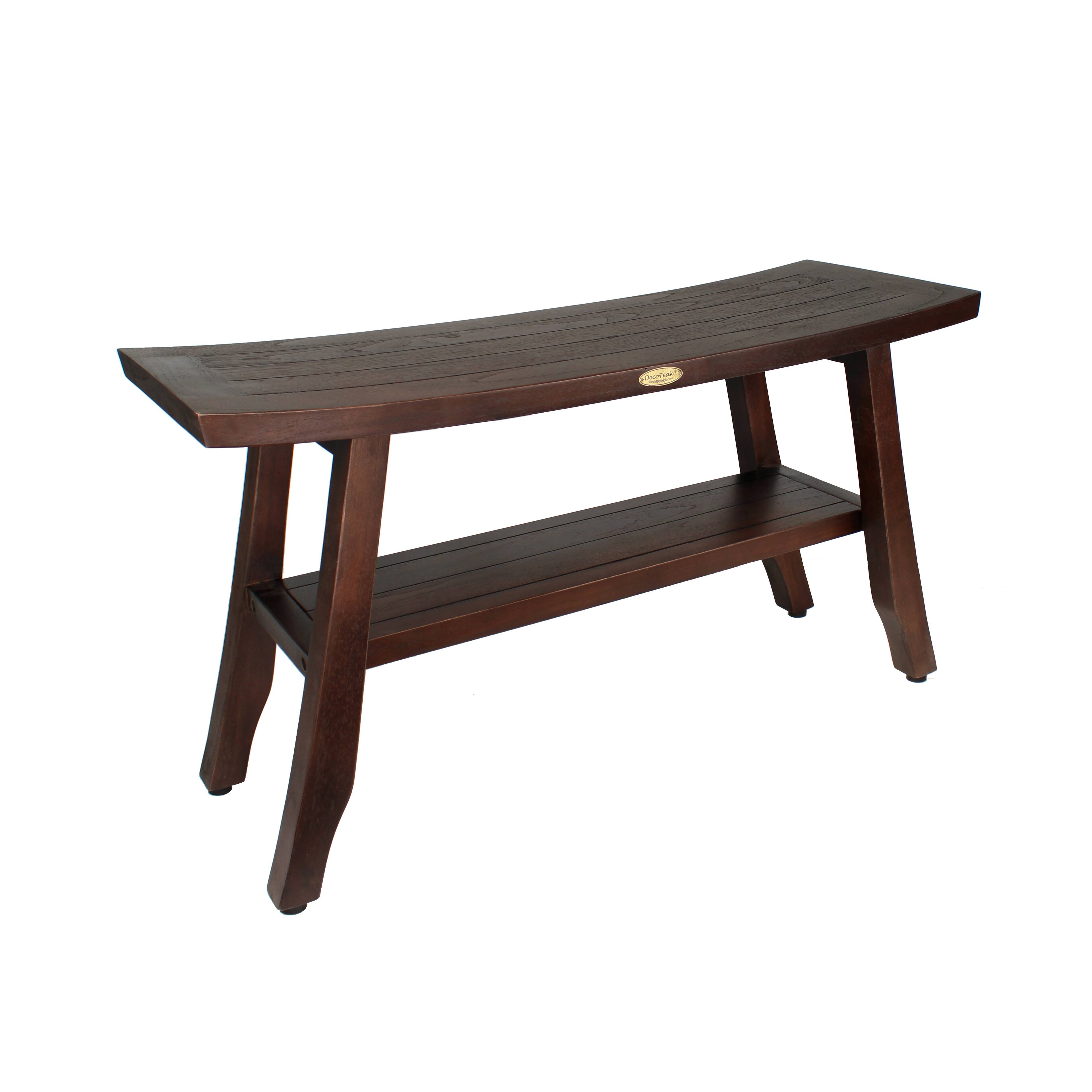 Angle. DecoTeak - DecoTeak® Satori® 34" Teak Wood Shower Bench with Shelf in Woodland Brown Finish - Woodland Brown.