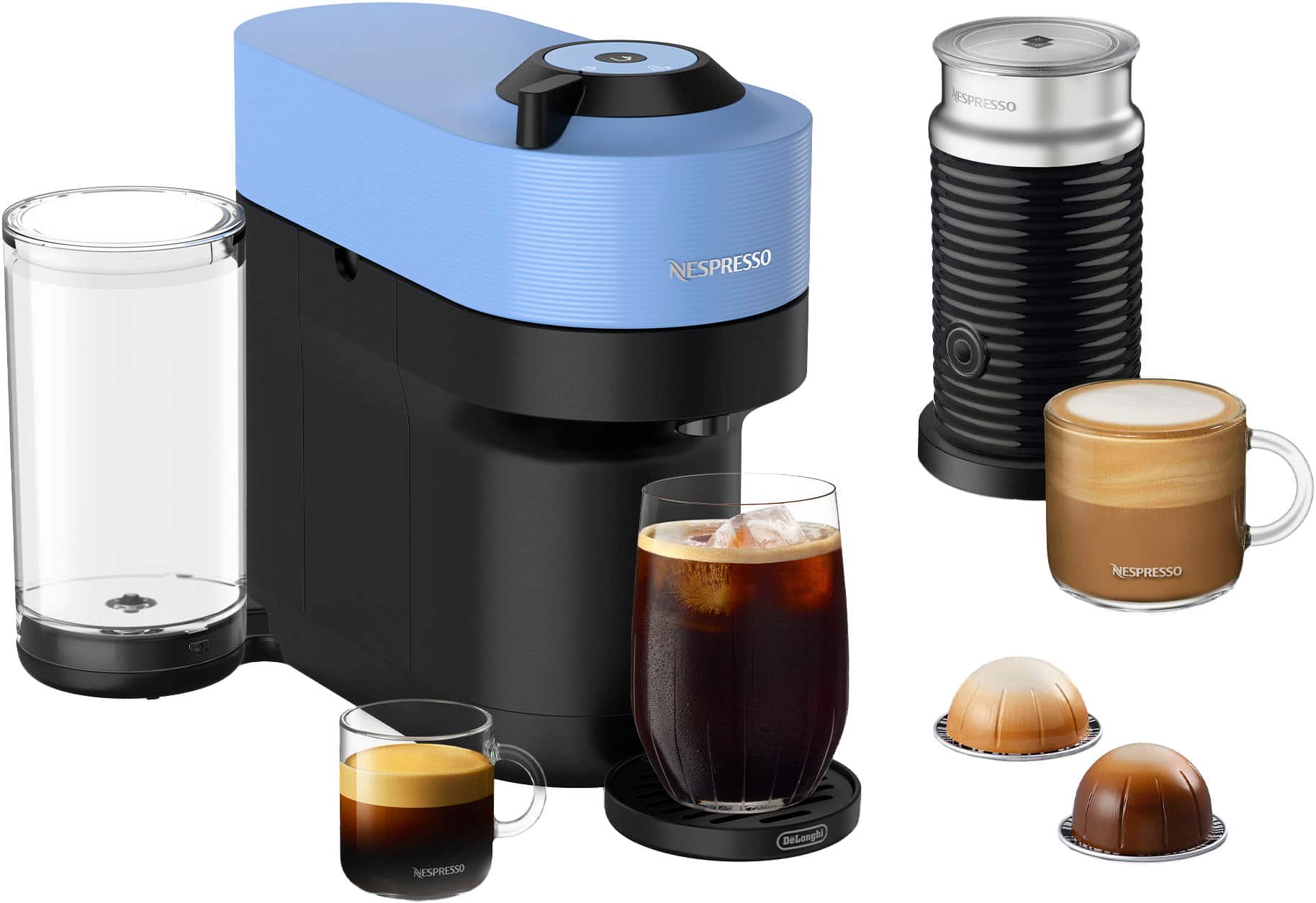 The image features a Nespresso coffee maker and a variety of coffee drinks. There are two cups of coffee, one with a cinnamon roll and the other with a cake. Additionally, there are two glasses of coffee, one with a cinnamon roll and the other with a cake. The coffee maker is also accompanied by a creamer and a sugar dispenser.