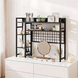 Pefilos - 4-Tier Desk Shelf Desktop Display Rack, Metal Grid Panel with 6 Hooks, Monitor Stand for Home Office - Black