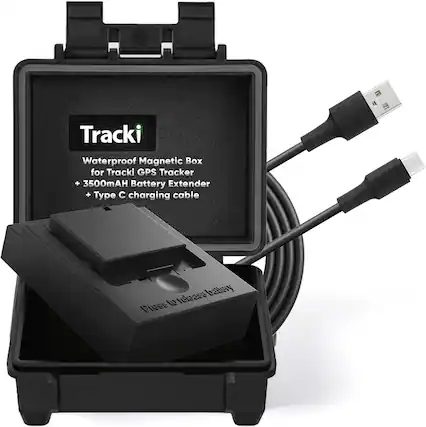 Tracki Waterproof Magnetic Box for Tracki GPS Tracker + 3500mAh Battery Extender + Type C charging cable