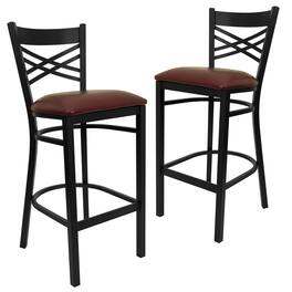 Emma + Oliver - 2 Pack "X" Back Metal Restaurant Barstool - Burgundy Vinyl Seat/Black Metal Frame
