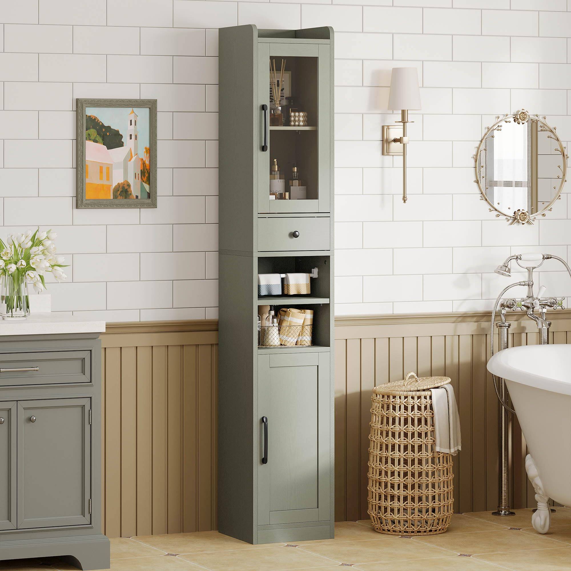 Front. Hirose Alice - Tall Cabinet With Drawer And Door H Slim Narrow Storage Shelves Retractable Toilet Paper Rod For Small Spaces W - Green-11.8"D x 11.8"W x 70.9"H.