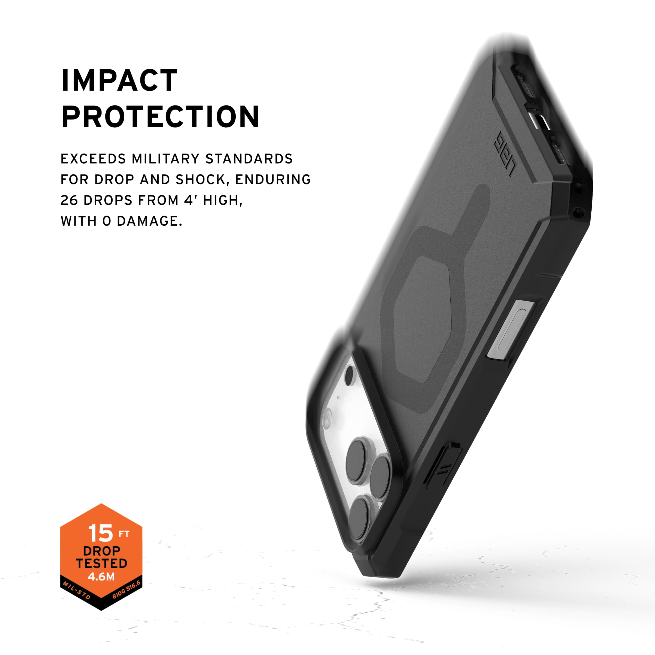 IMPACT PROTECTION

EXCEEDS MILITARY STANDARDS FOR DROP AND SHOCK, ENDURING 26 DROPS FROM 4' HIGH, WITH 0 DAMAGE.

15 FT DROP TESTED 4.6M - MIL-STD 810G