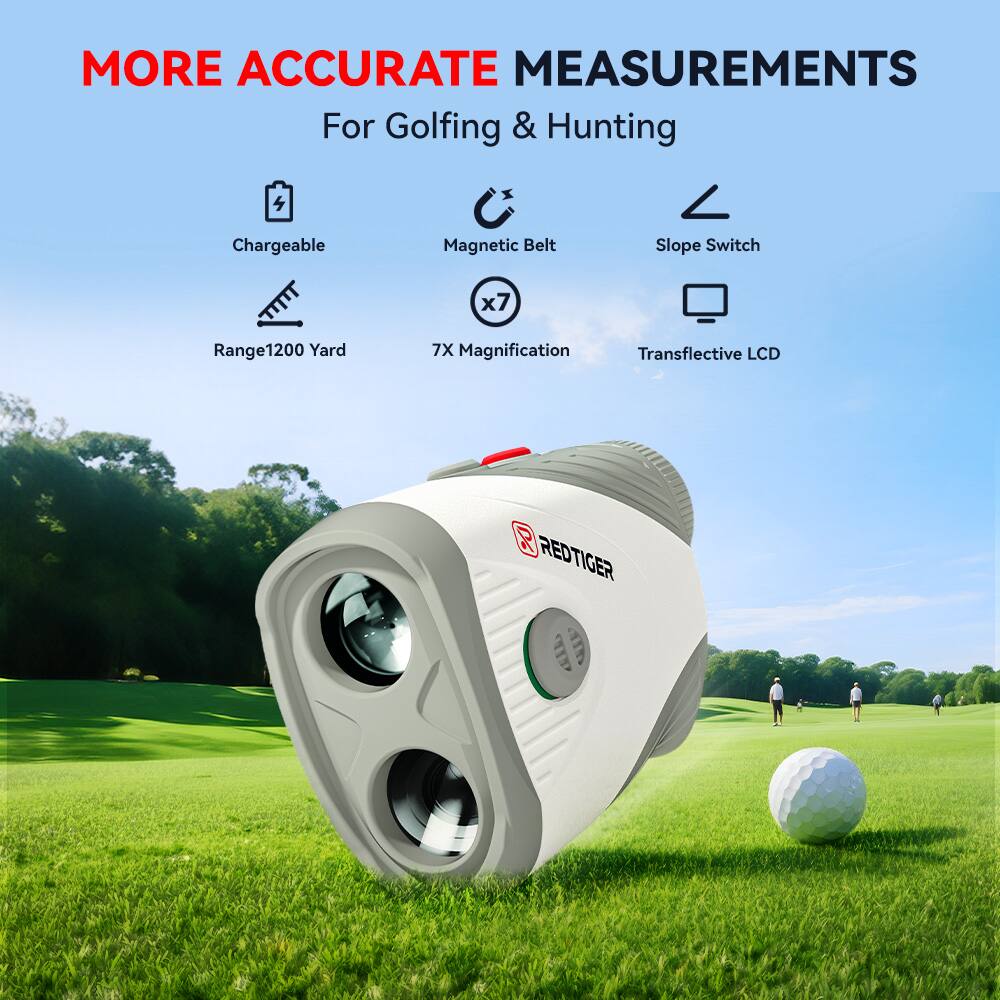 MORE ACCURATE MEASUREMENTS  
For Golfing & Hunting  

- Chargeable  
- Magnetic Belt  
- Slope Switch  
- Range 1200 Yard  
- 7X Magnification  
- Transflective LCD  

REDTIGER