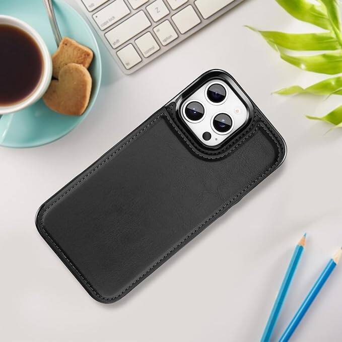 Left. Gravity Ridge - for iPhone 16 Pro Max Wallet Case with Card Holder, PU Leather Kickstand Card Slots Drop Protective Shockproof Cover - Black.