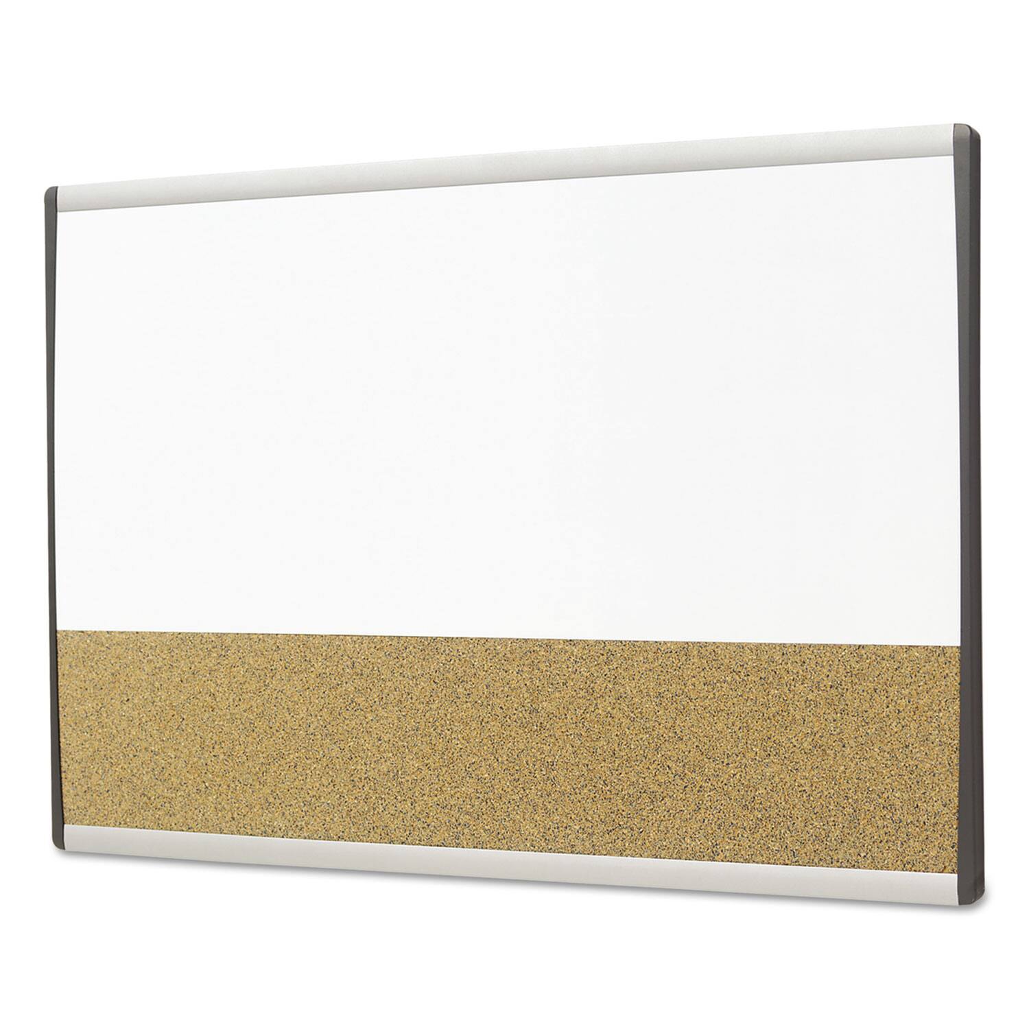 Left. Quartet - ARC Frame Cubicle Board, Combo Dry Erase/Cork Bulletin, 30" x 18", Tan/White Surface, Satin Aluminum Frame.