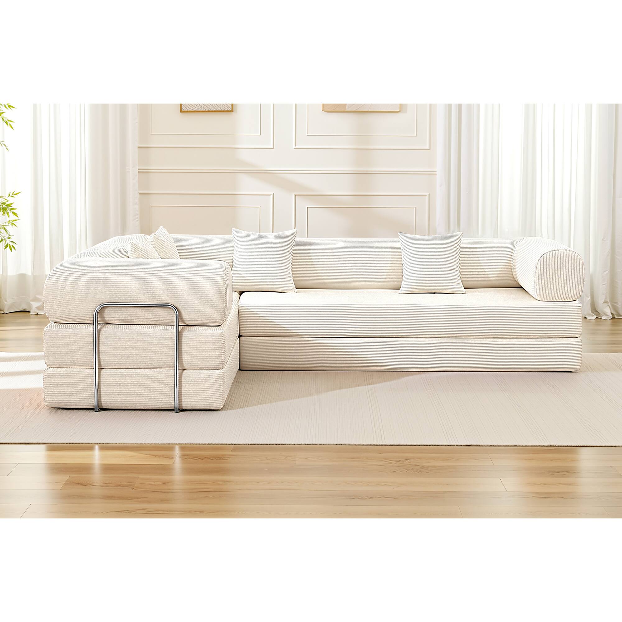 Alt View 8. KERDOM - Upholstered L Shaped Modular Sofa Bed with Chaise, Corduroy Folding Floor Convertible Sofa Couch Bed for Living Room - Beige.