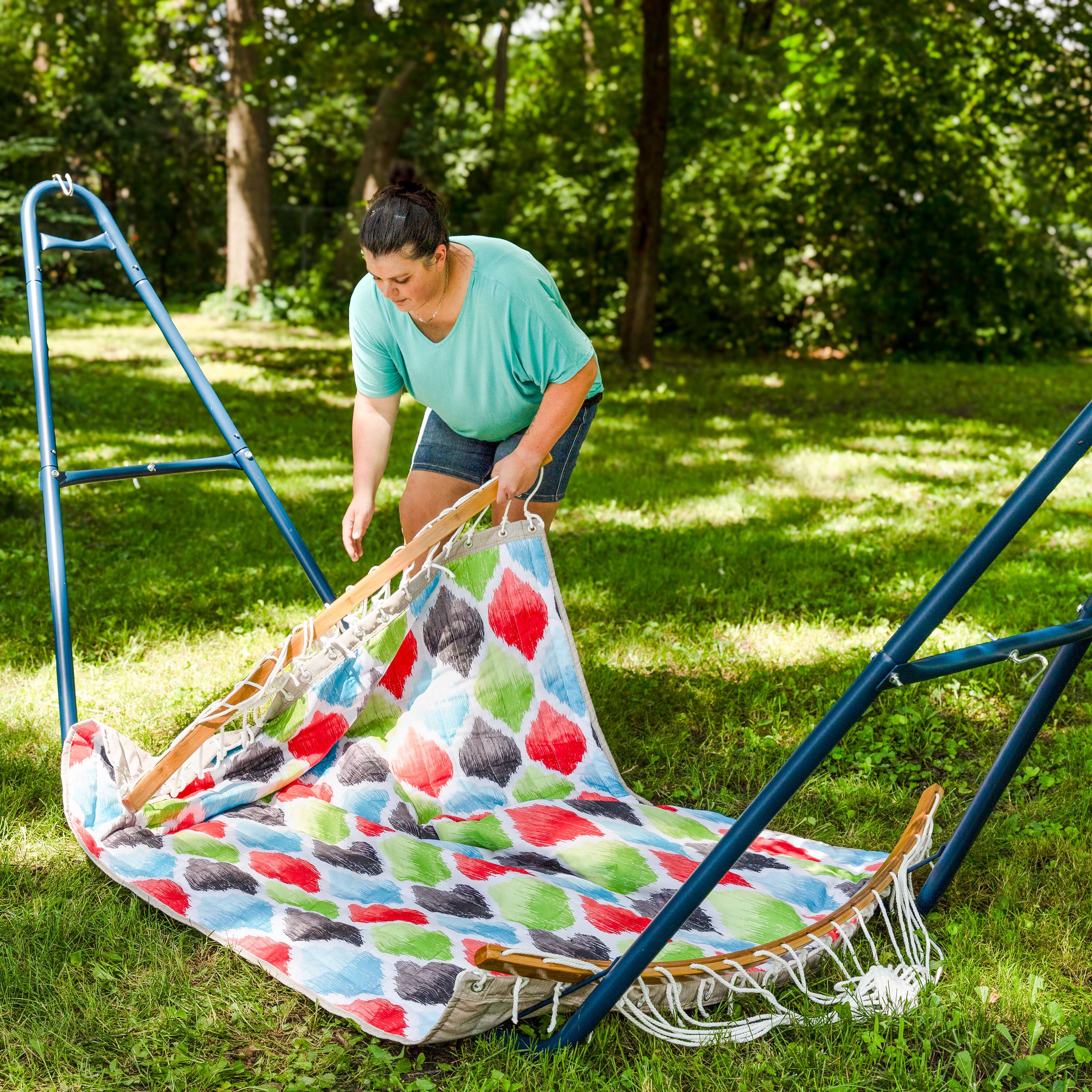 Alt View 5. Sunnydaze - Quilted Hammock with Curved Spreader Bar - Quatrefoil - Vivid Multi-Color.