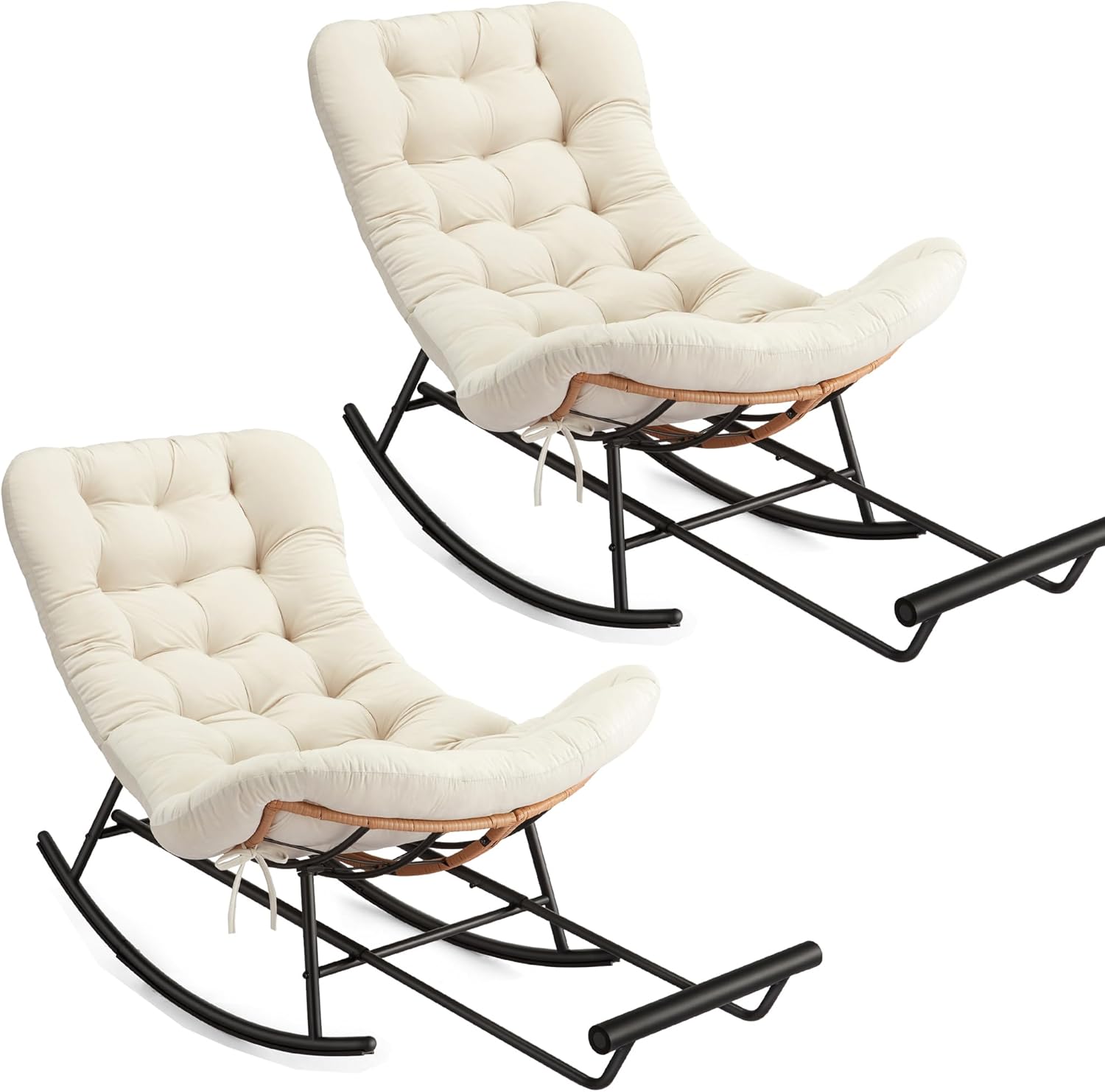 Front. Homhougo - 2 PCS Papasan Rocking Chairs with Footrest, Indoor Outdoor Patio Lounge Rockers - ‎Beige.