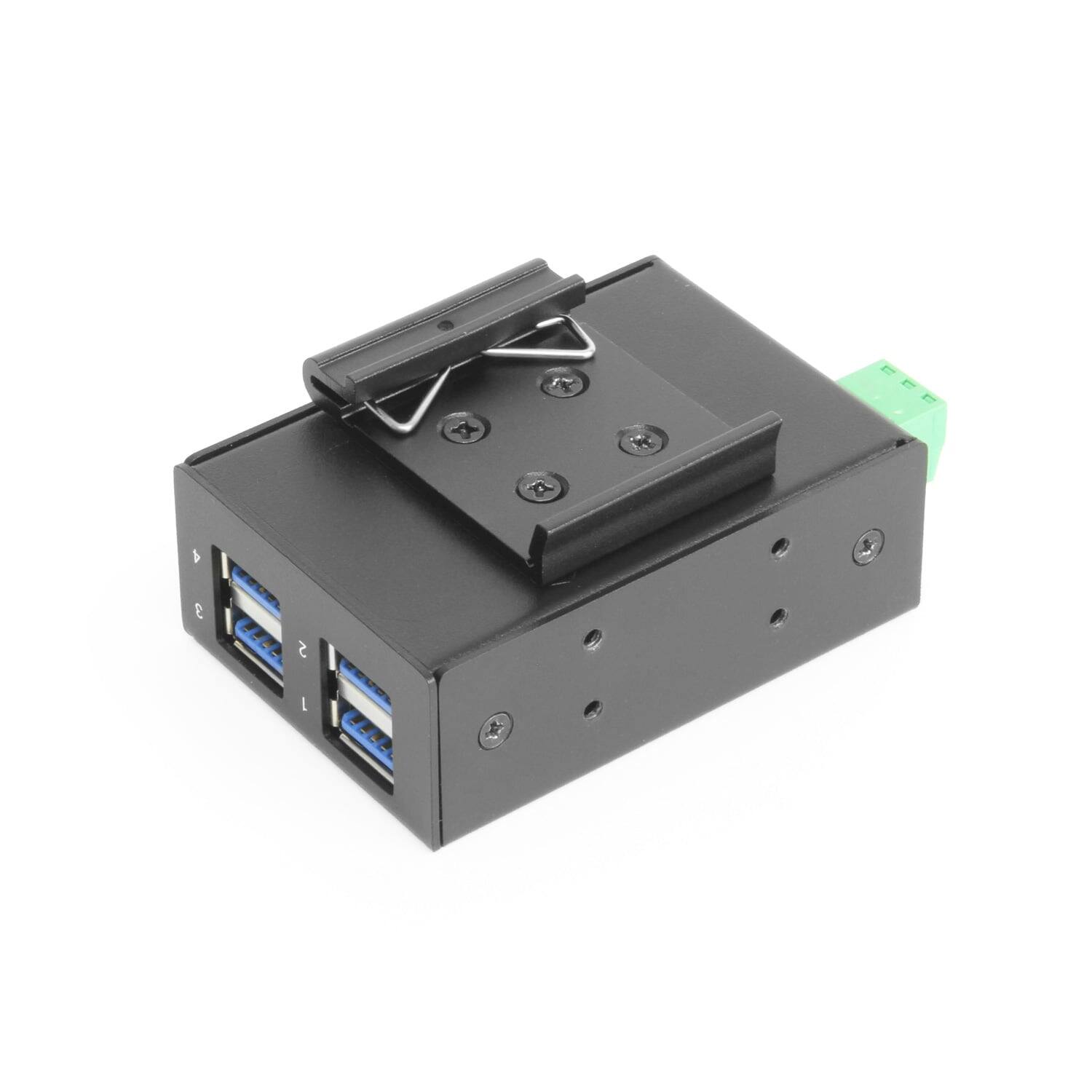 Left. Gearmo - 4-Port USB 3.2 Gen 1 Hub - 5Gbps - Slim Profile - Surface & DIN Rail Mountable - Powered Via 3-Pin Terminal Block - Black.