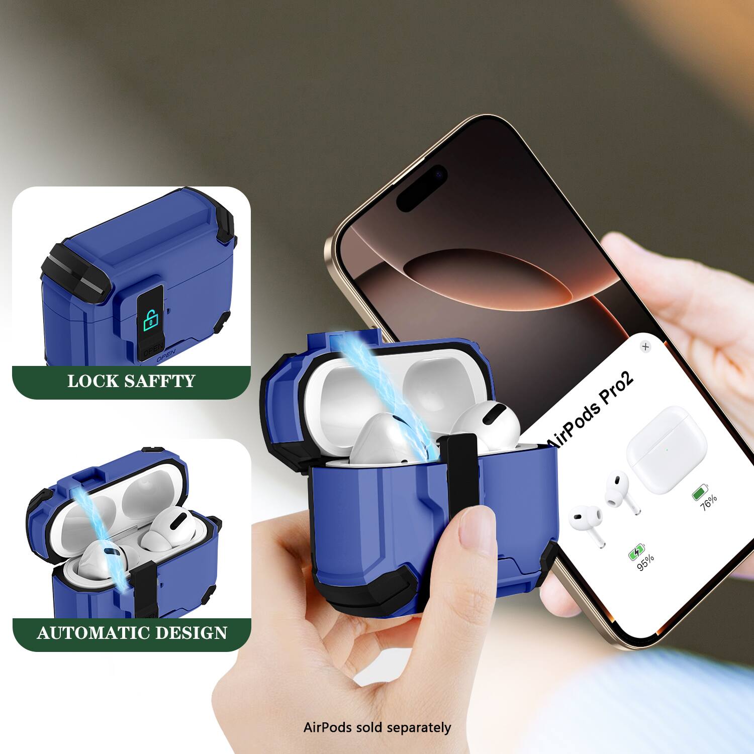 - LOCK SAFETY
- AUTOMATIC DESIGN
- AirPods sold separately