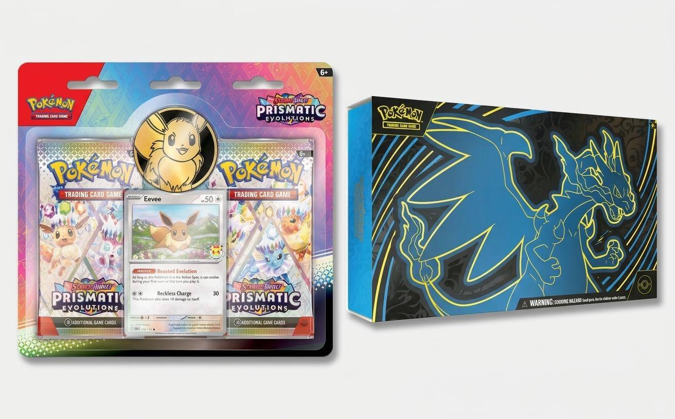 6+ Pokémon Trading Card Game  
Prismatic Evolutions  

- Pokémon Trading Card Game  
  Eevee  
  50 HP  
  Beasted Evolution  
  Reckless Charge 30  
  This Pokémon also does 10 damage to itself.  

- 10 Additional Game Cards  

- Warning: Choking Hazard - Small parts. Not for children under 3 years.