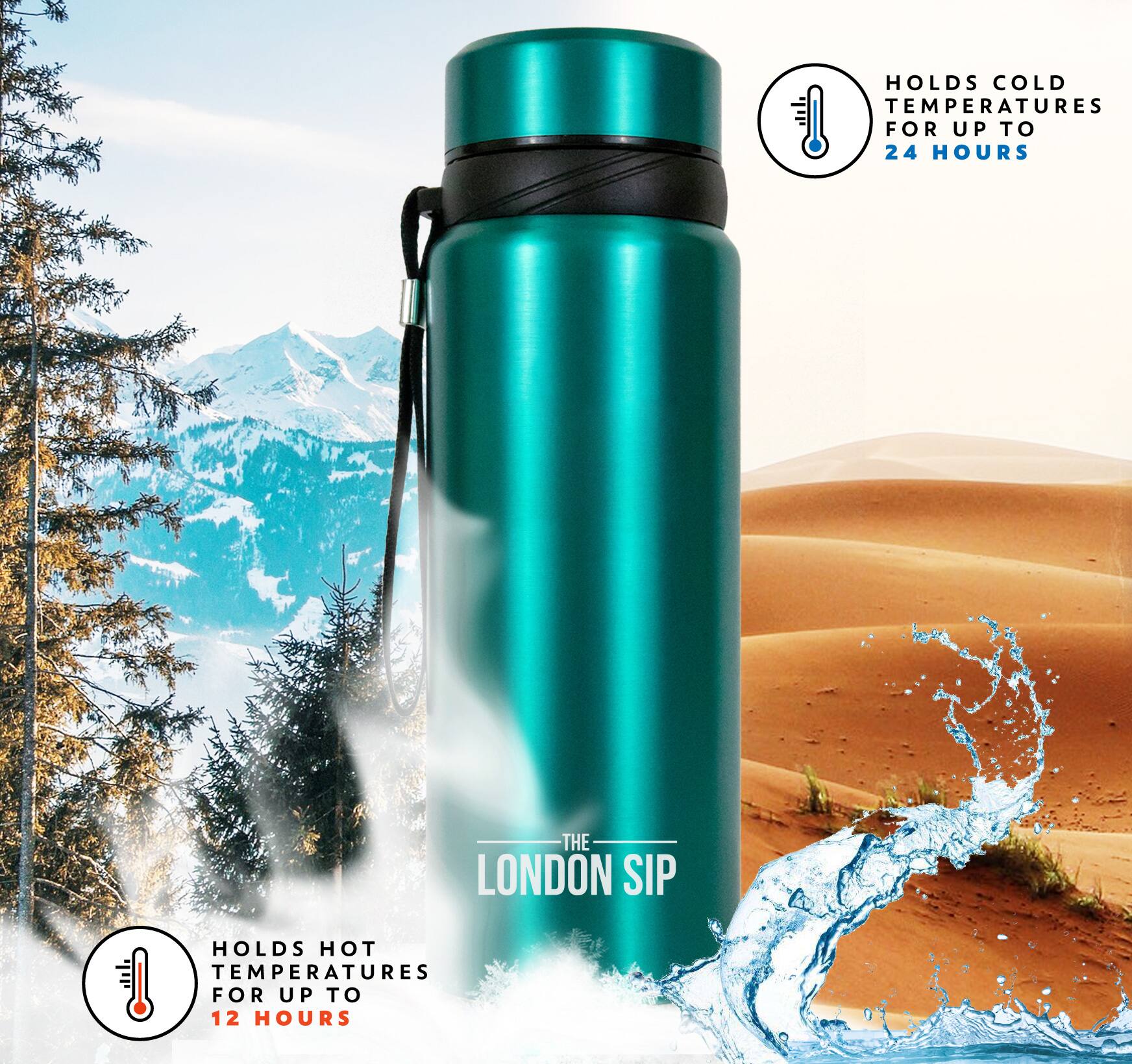 The LONDON SIP HOLDS COLD TEMPERATURES FOR UP TO 24 HOURS HOLDS HOT TEMPERATURES FOR UP TO 12 HOURS