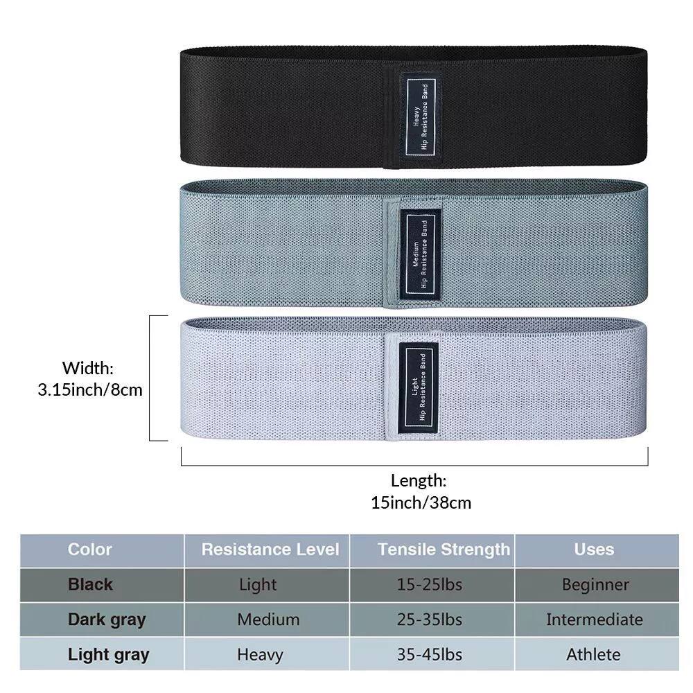 - **Width:** 3.15 inch / 8 cm
- **Length:** 15 inch / 38 cm

| Color       | Resistance Level | Tensile Strength | Uses       |
|-------------|-----------------|-----------------|------------|
| Black       | Light           | 15-25 lbs       | Beginner   |
| Dark gray   | Medium          | 25-35 lbs       | Intermediate |
| Light gray  | Heavy           | 35-45 lbs       | Athlete    |
