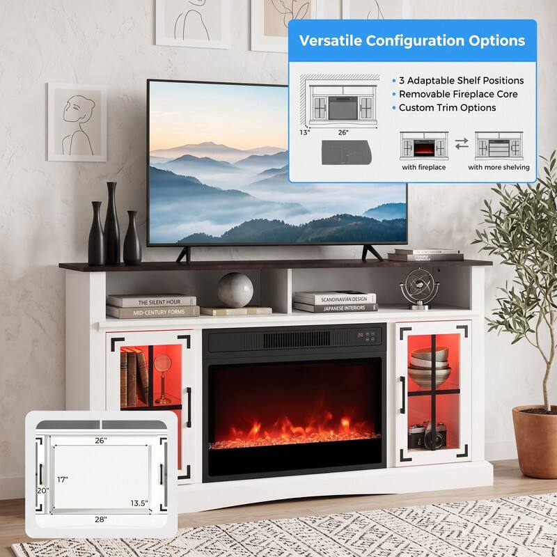 Versatile Configuration Options

- 3 Adaptable Shelf Positions
- Removable Fireplace Core
- Custom Trim Options

13"  
26"  
with fireplace  
with more shelving

THE SILENT HOUR  
MID-CENTURY FORMS  
SCANDINAVIAN DESIGN  
JAPANESE INTERIORS

05 00 9:  
26"  
20"  
17"  
13.5"  
28"