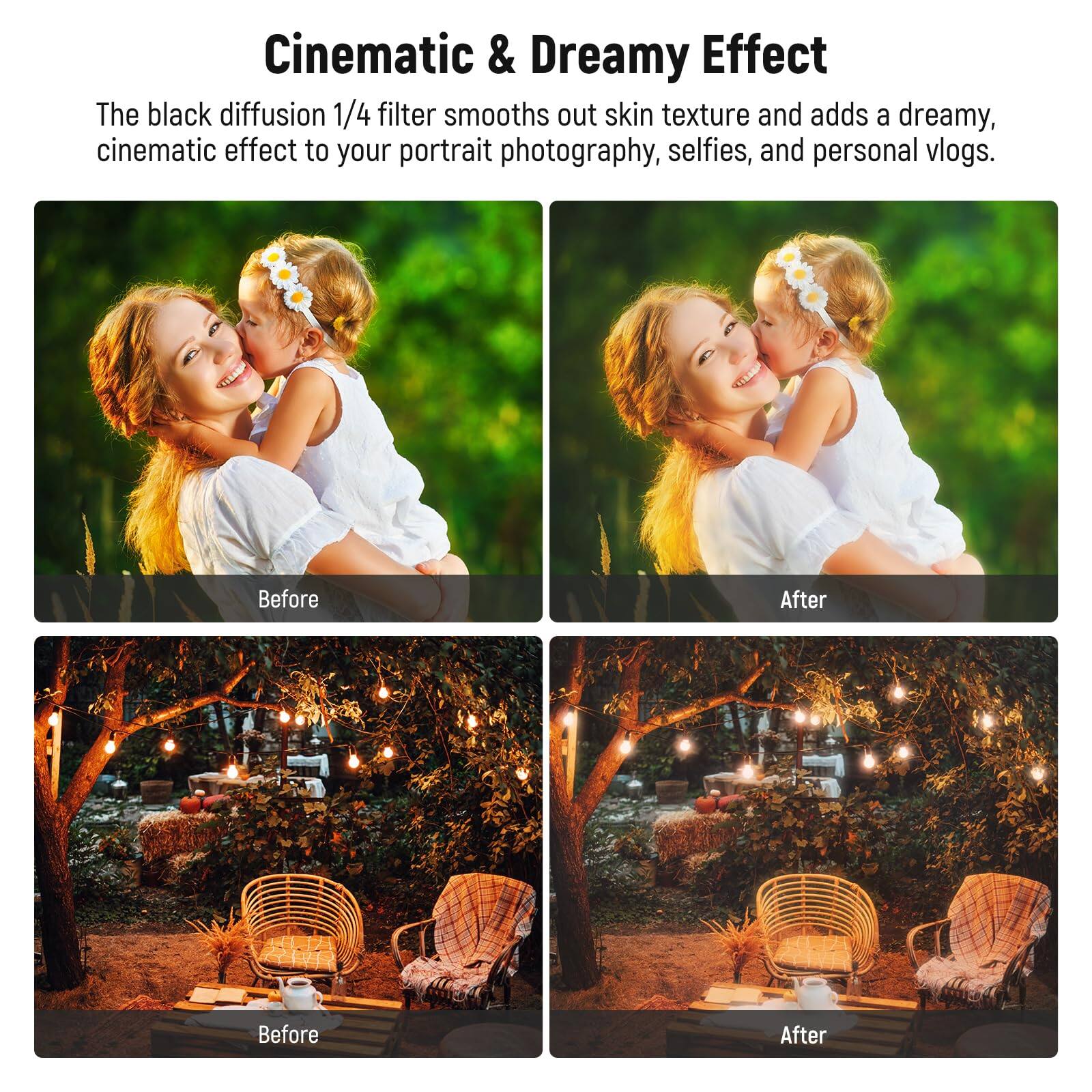 Cinematic & Dreamy Effect

The black diffusion 1/4 filter smooths out skin texture and adds a dreamy, cinematic effect to your portrait photography, selfies, and personal vlogs.

Before After

Before After