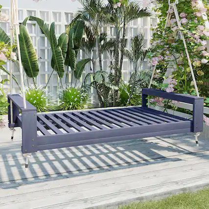 Front. GOODSILO - Twin Size Porch Swing Bed - Acacia Wood Swing Frame with Hemp Ropes for Garden & Backyard - Gray.