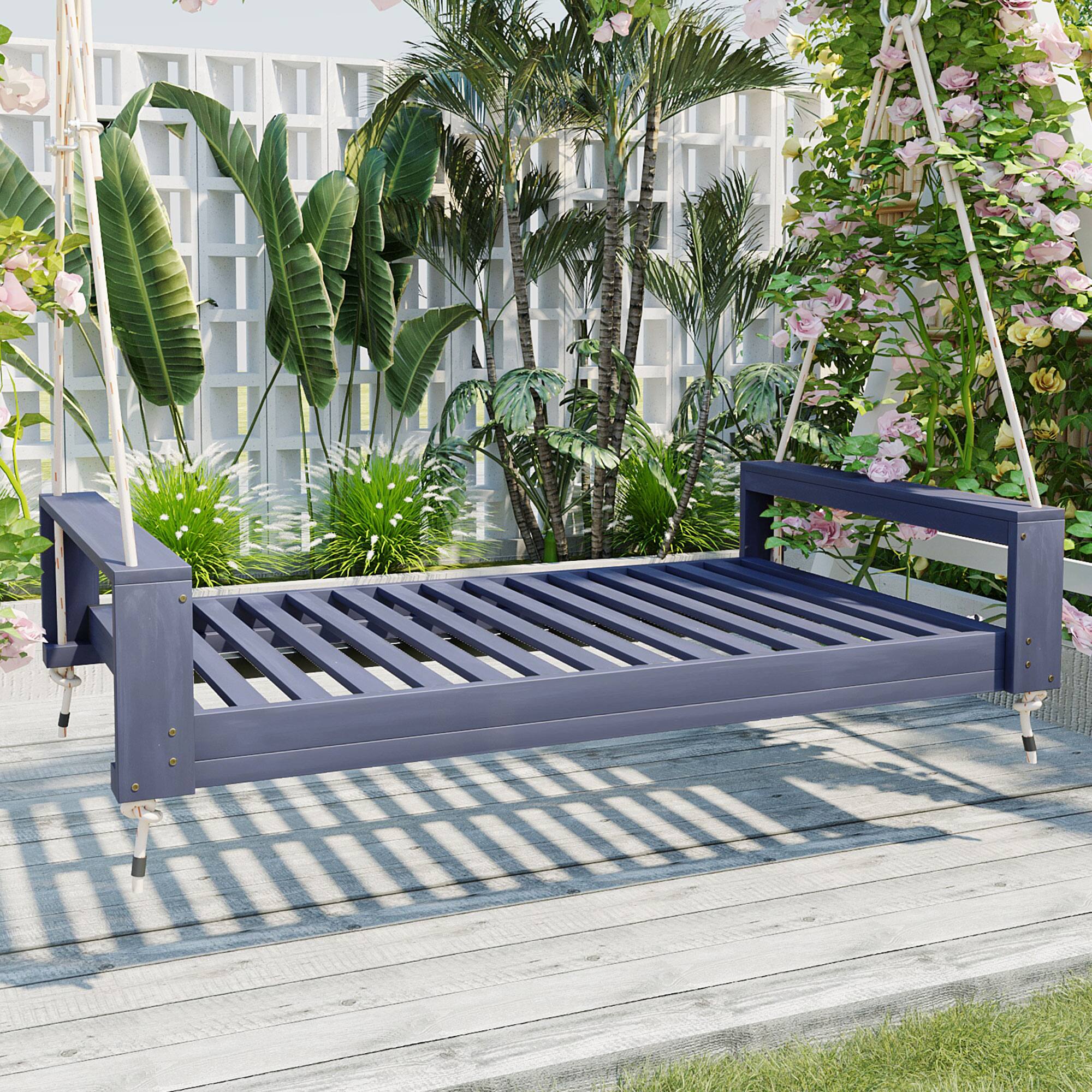 Front. GOODSILO - Twin Size Porch Swing Bed - Acacia Wood Swing Frame with Hemp Ropes for Garden & Backyard - Gray.